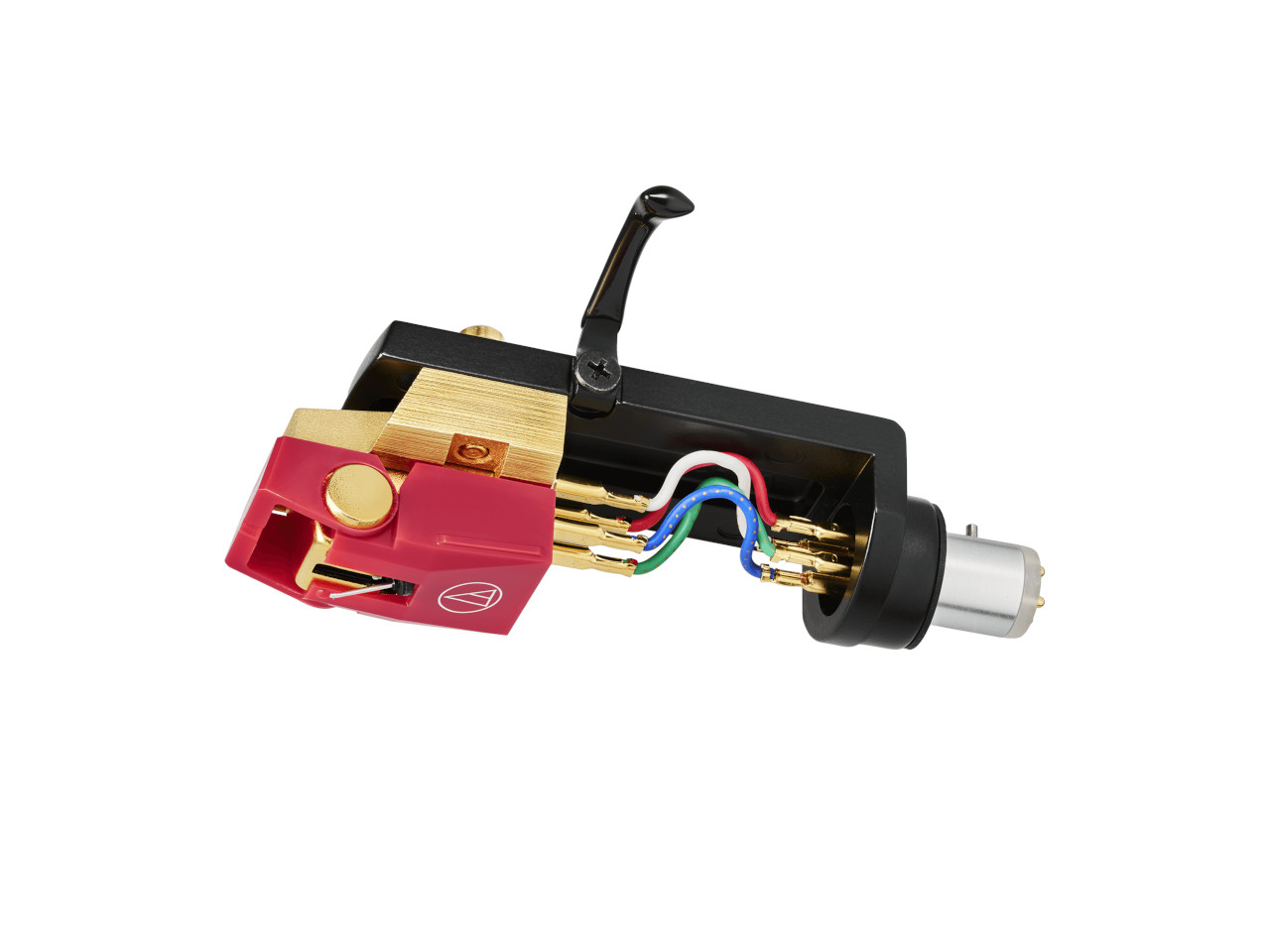 Tonabnehmer, Phonoabtaster, goldene Pins, rote Gehäuse, Kabelleitungen
