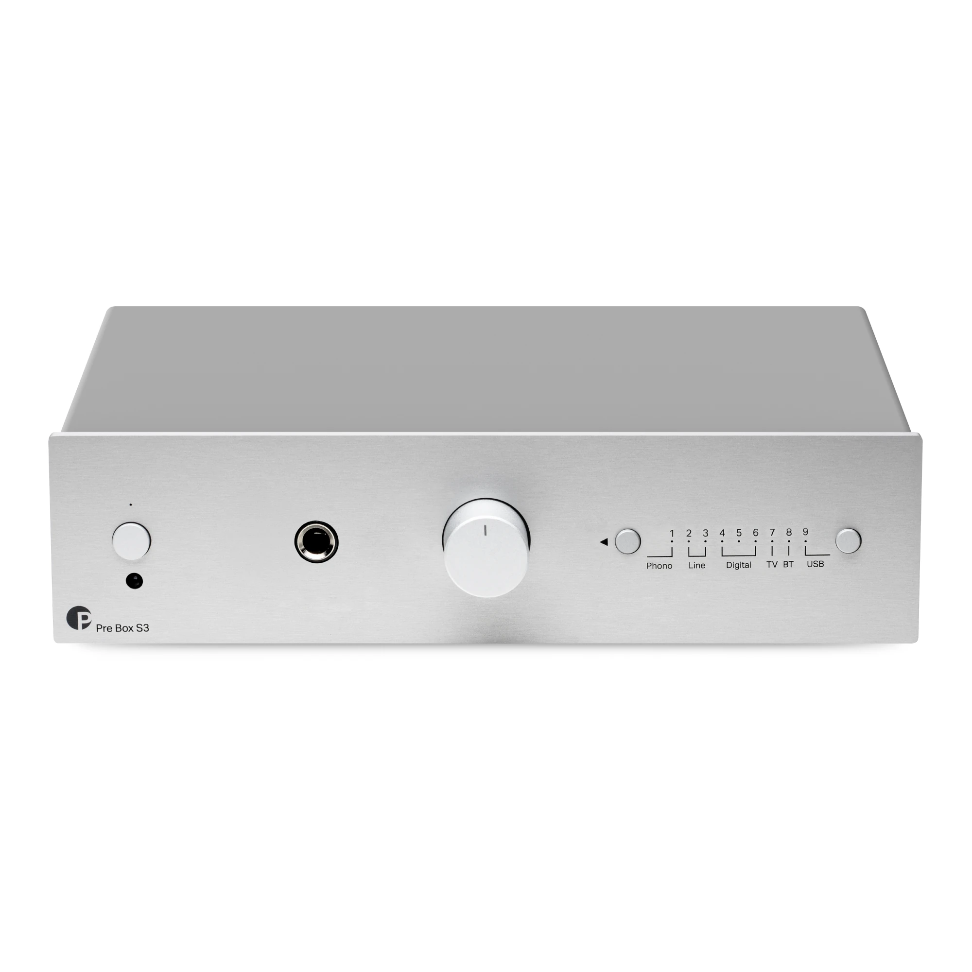 stereo-Verstärker, Metall-Stereo, Silbernes Frontpanel, Lautstärkeregler, Kopfhöreranschluss