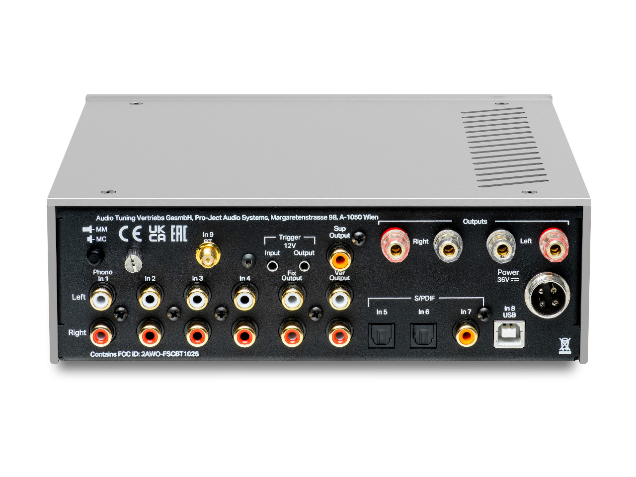 Audiophile-Verstärker, Rückseite, RCA-Anschlüsse, USB-Port, Netzteil