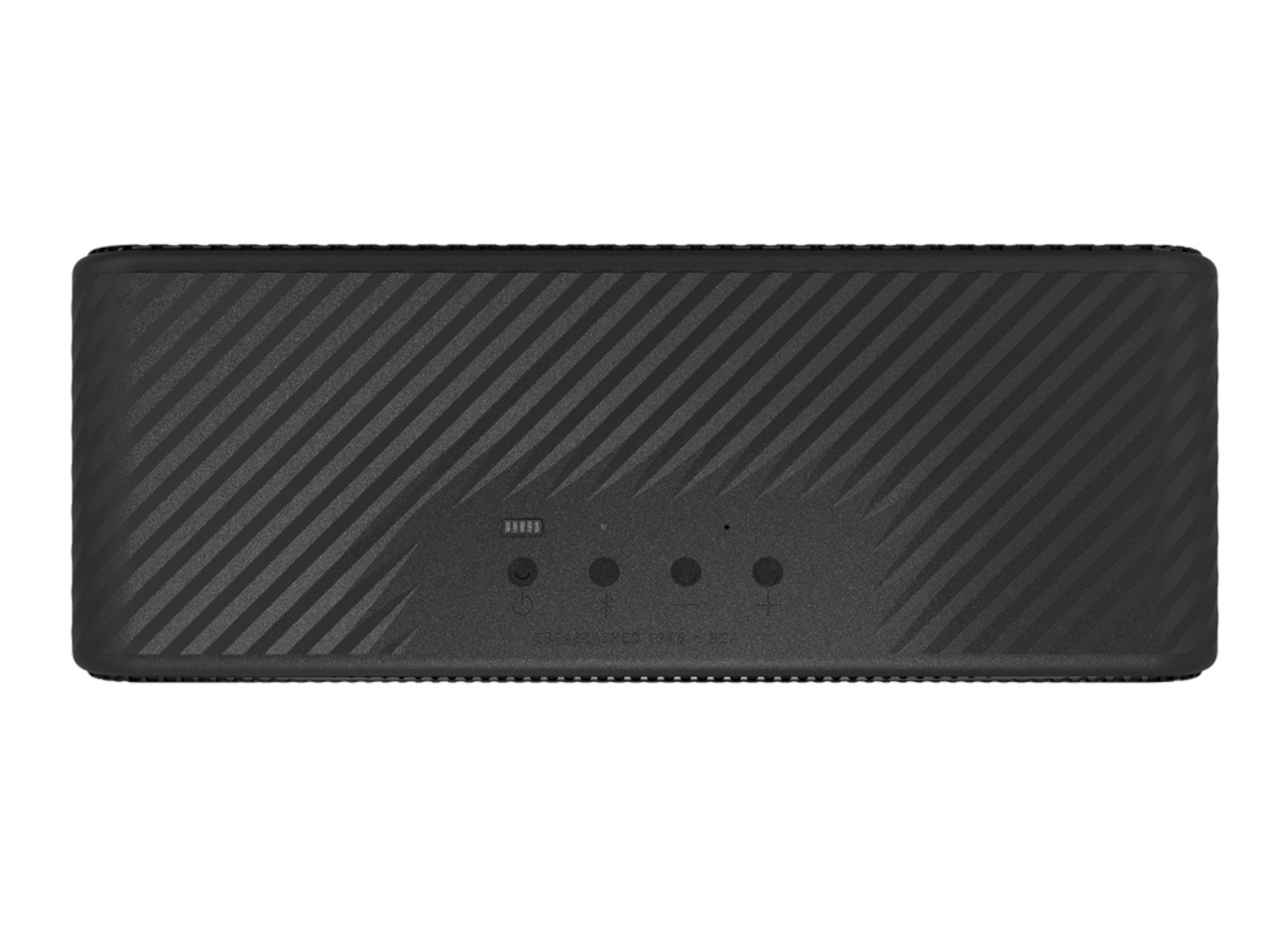 Bluetooth-Lautsprecher, tragbar, schwarz, Diagonalmuster, Tasten Rückseite