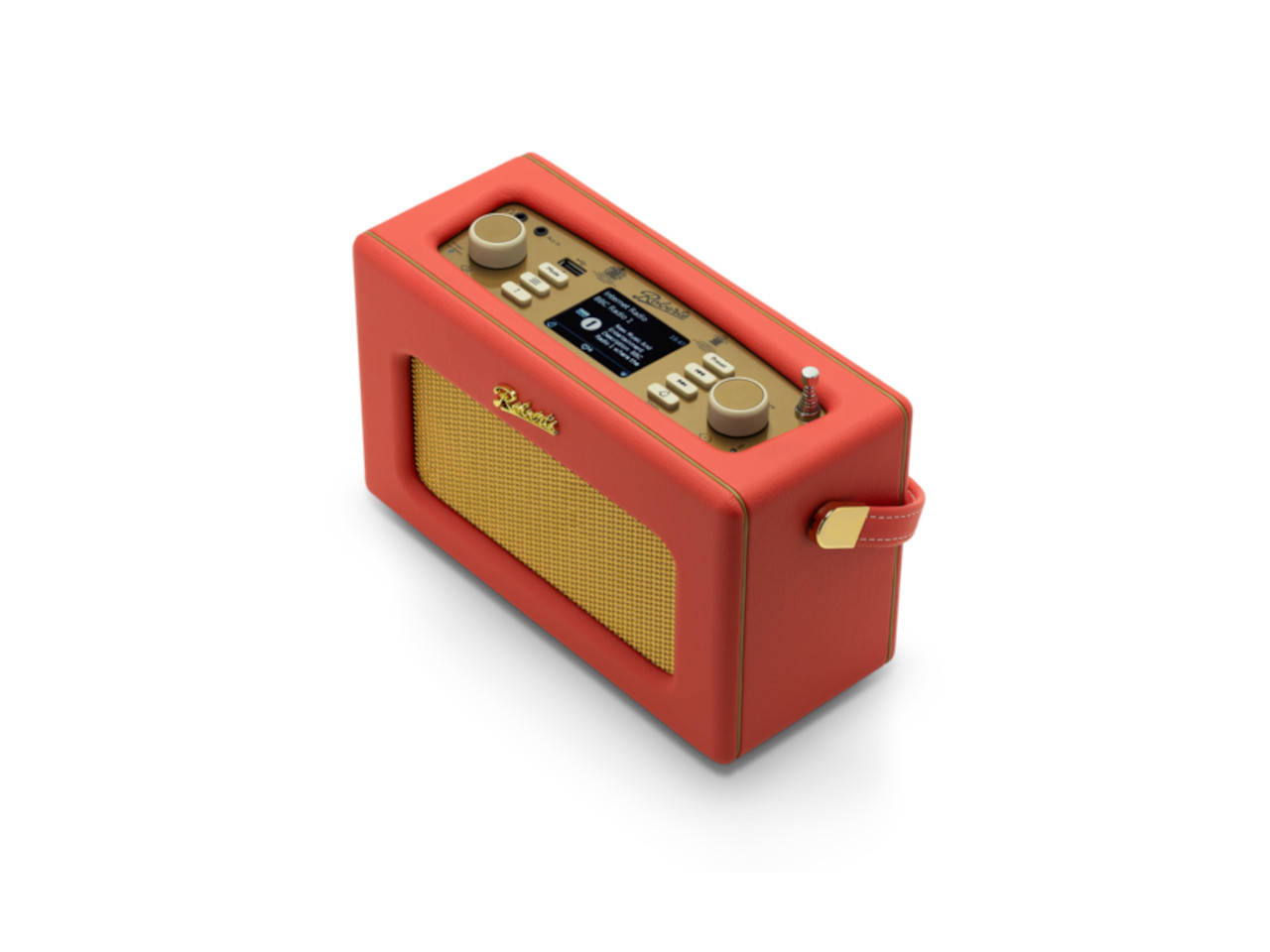 portables Radio, rot, Lautsprecher, analoger Tuner, goldene Gitter