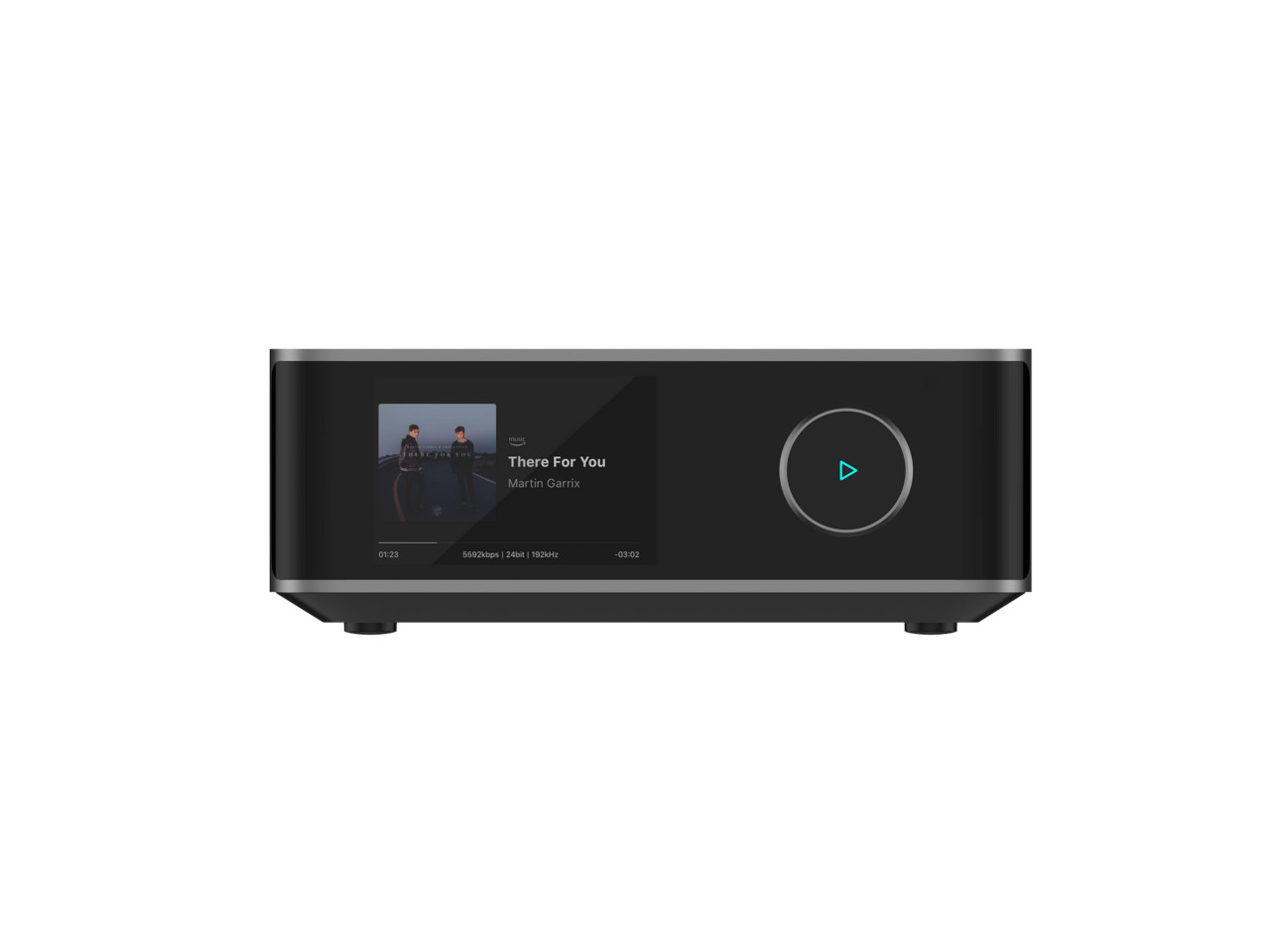 Medienplayer, Frontpanel, Abspielknopf, digitales Display, schwarzes Design