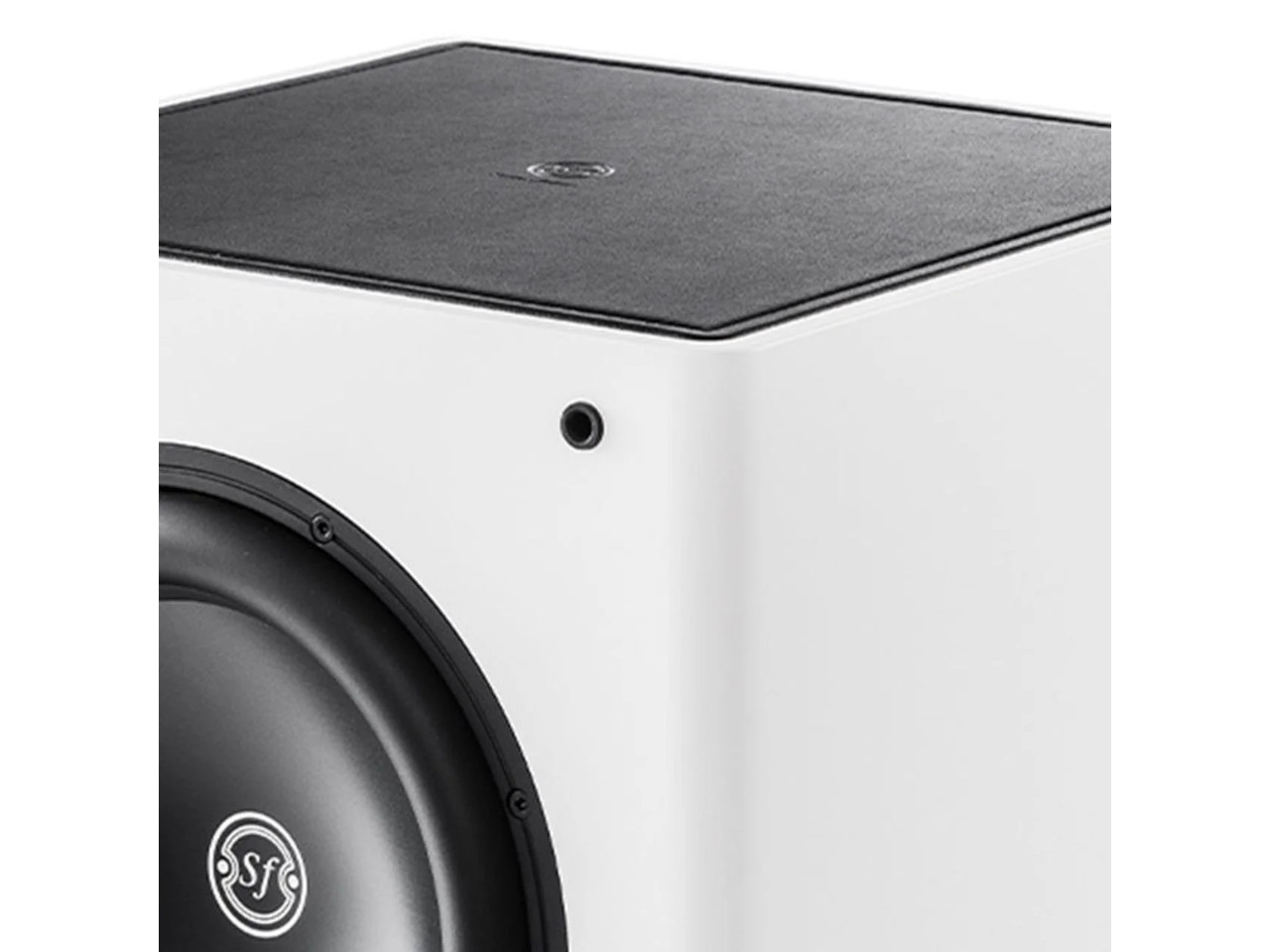 quadrant-loudspeaker, woofer, white cabinet, black speaker grill, top panel