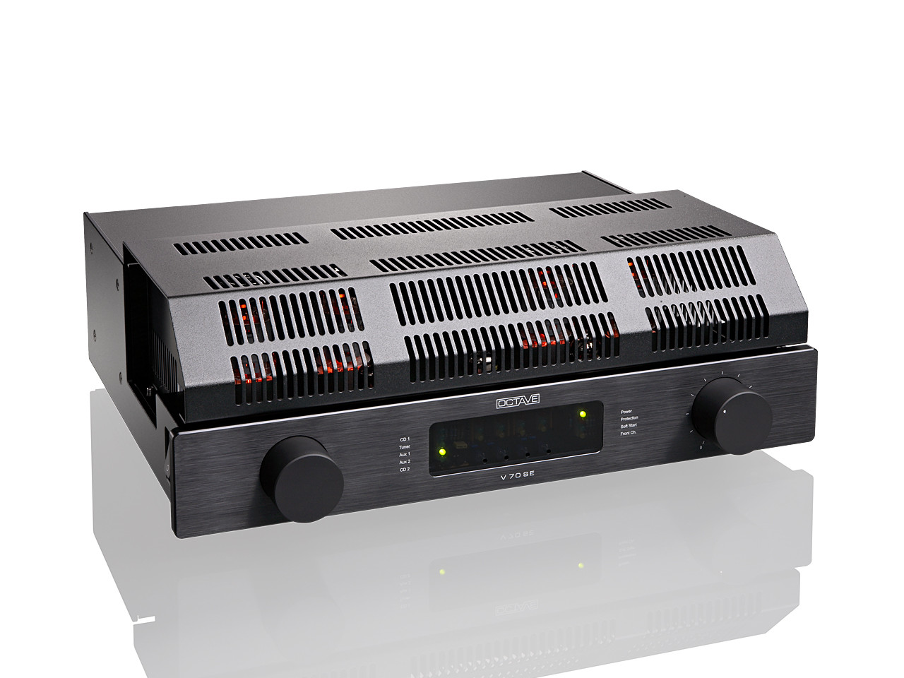 stereo-Verstärker, Vakuumröhren, Mid-Century-Design, schwarzmetall, Drehknopf-Bedienung