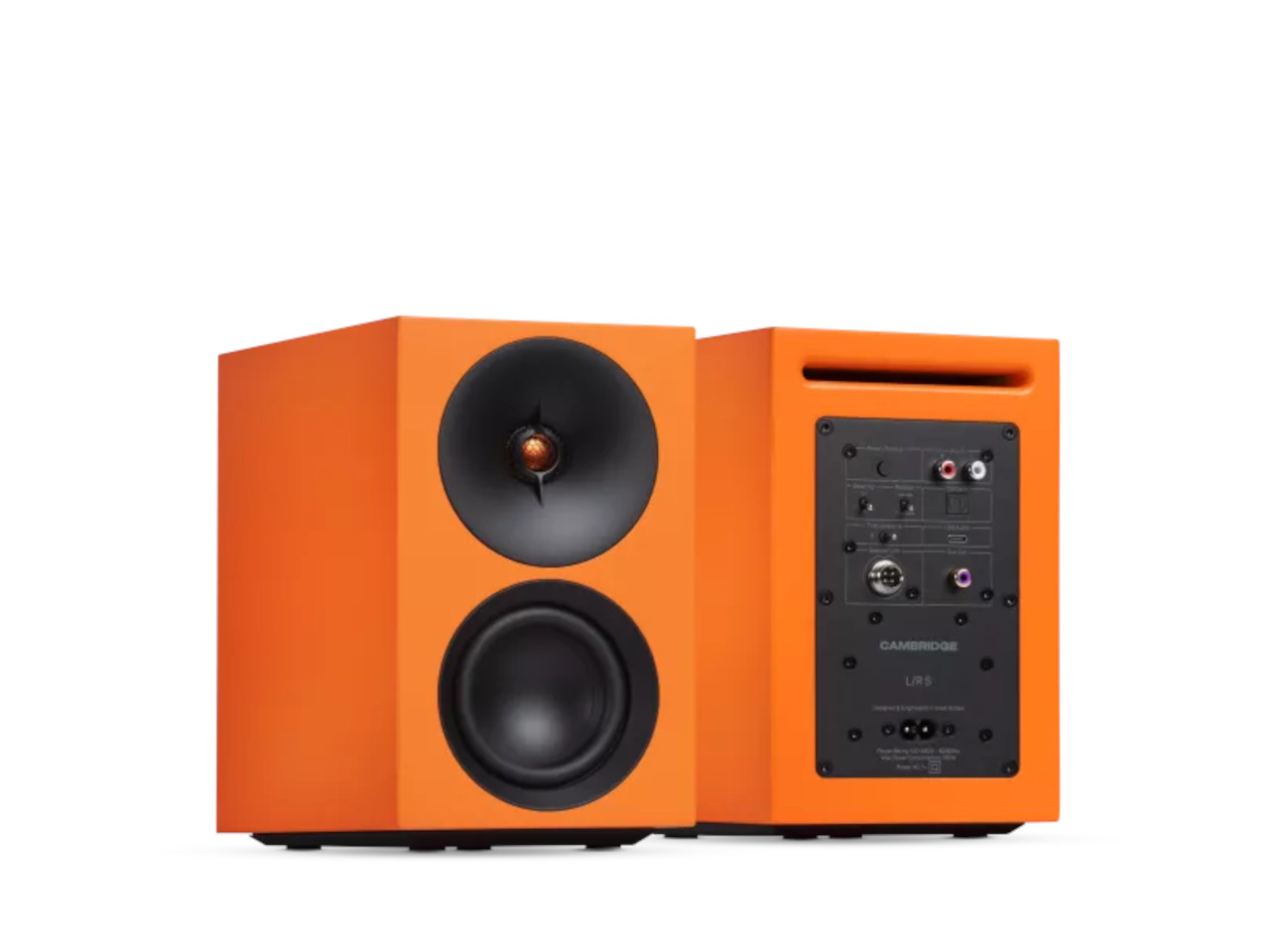 orange speakers, studio monitor, two-way speaker, wooden cabinet, rear panel connectors