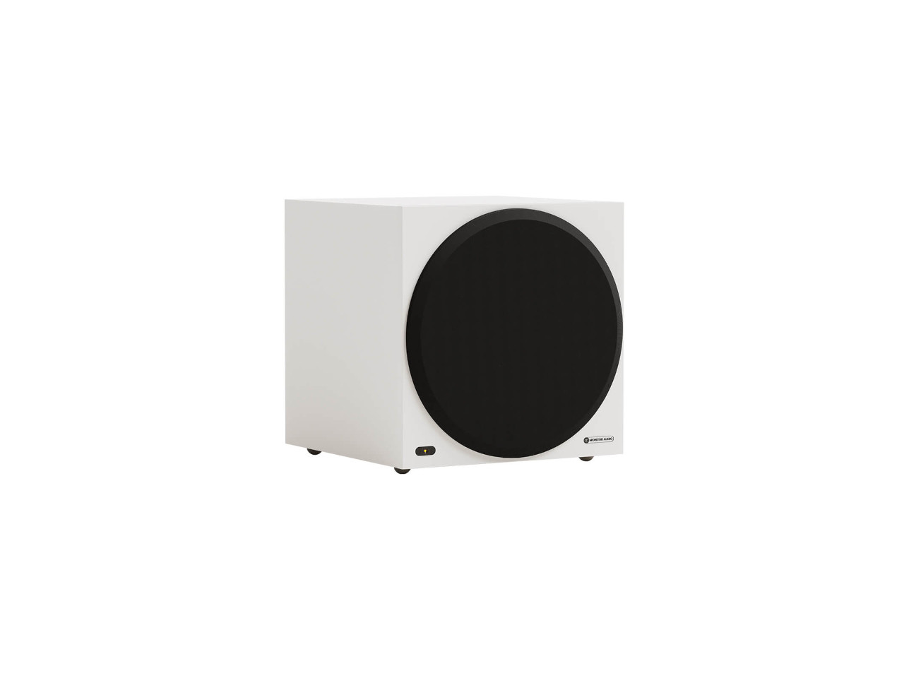 Subwoofer, Gehäuse weiß, Runde schwarze Abdeckung, Lautsprecher, Audioausrüstung