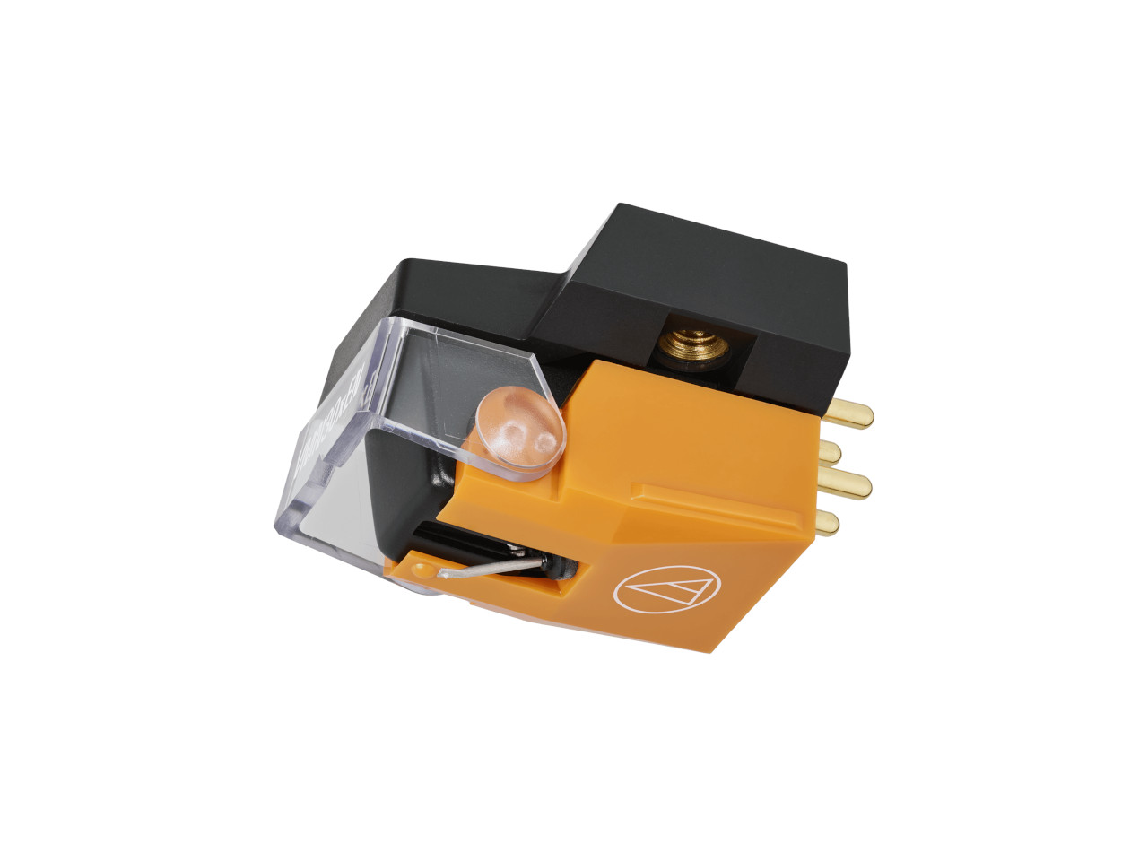 Schallplattenabnehmer, Tonabnehmer, orangefarbener Körper, goldene Stifte, Tonabnehmerspitze