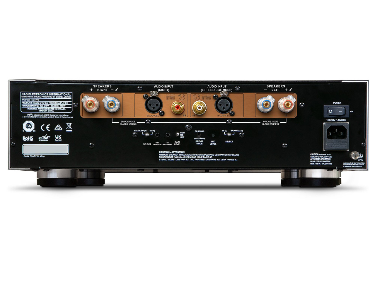 Backpanel, Audioanschlüsse, RCA/Binding-Posts, Netzeingang, Kompaktverstärker