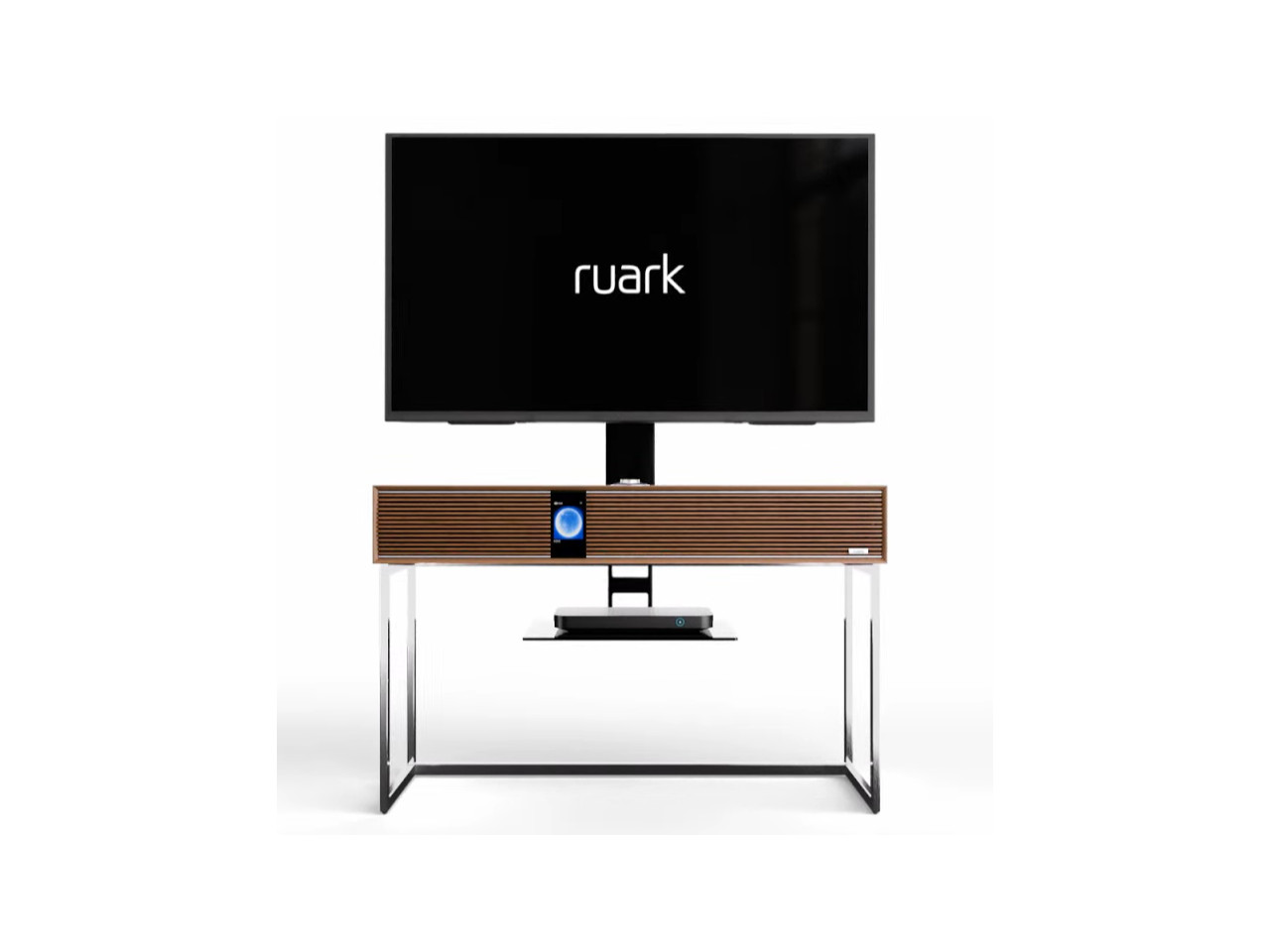 TV, Soundbar, Holz-Cabine, Metallständer, Flachbildschirm