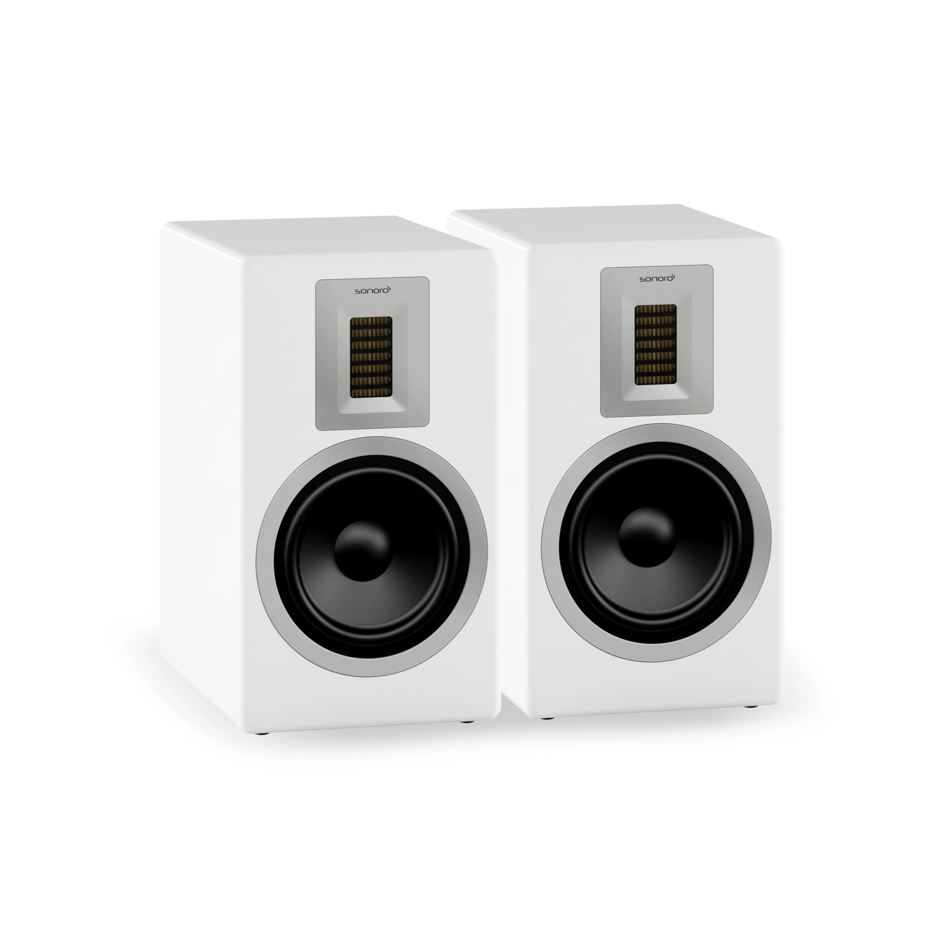 Regallautsprecher, Lautsprecherpaar, weißes Gehäuse, schwarze Membran, Bändchenhochtöner