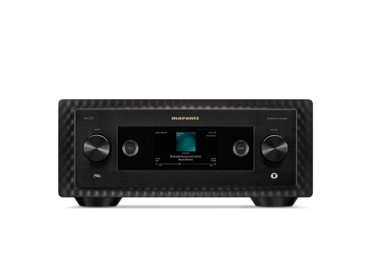Stereo-Verstärker, Musik-Streamer, schwarzer Gehäuse, Bedienknöpfe, Touchscreen-Display
