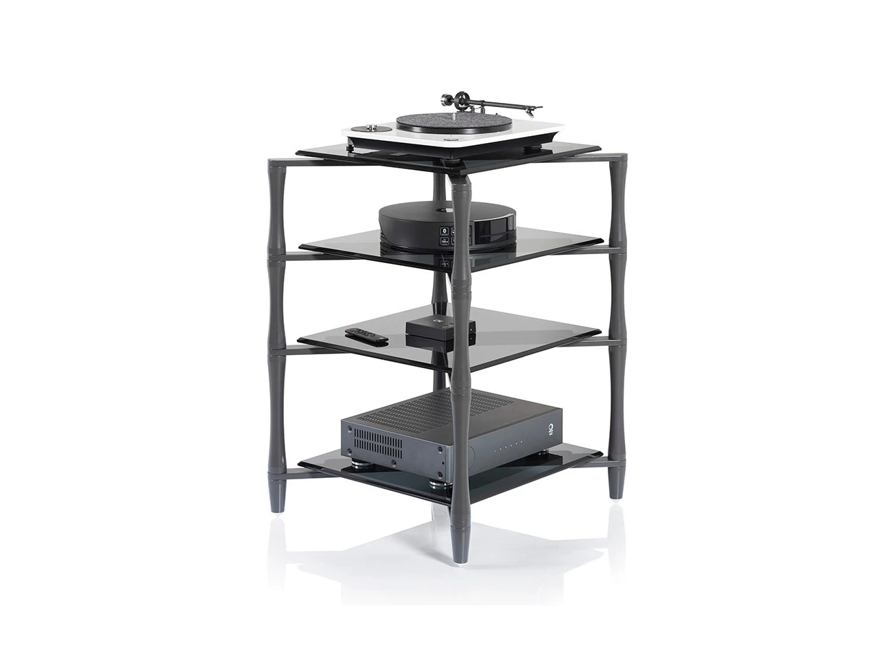 Hi-Fi-Rack, Glasböden, Schwarzer Rahmen, Mehrere Ablagen, Plattenspieler