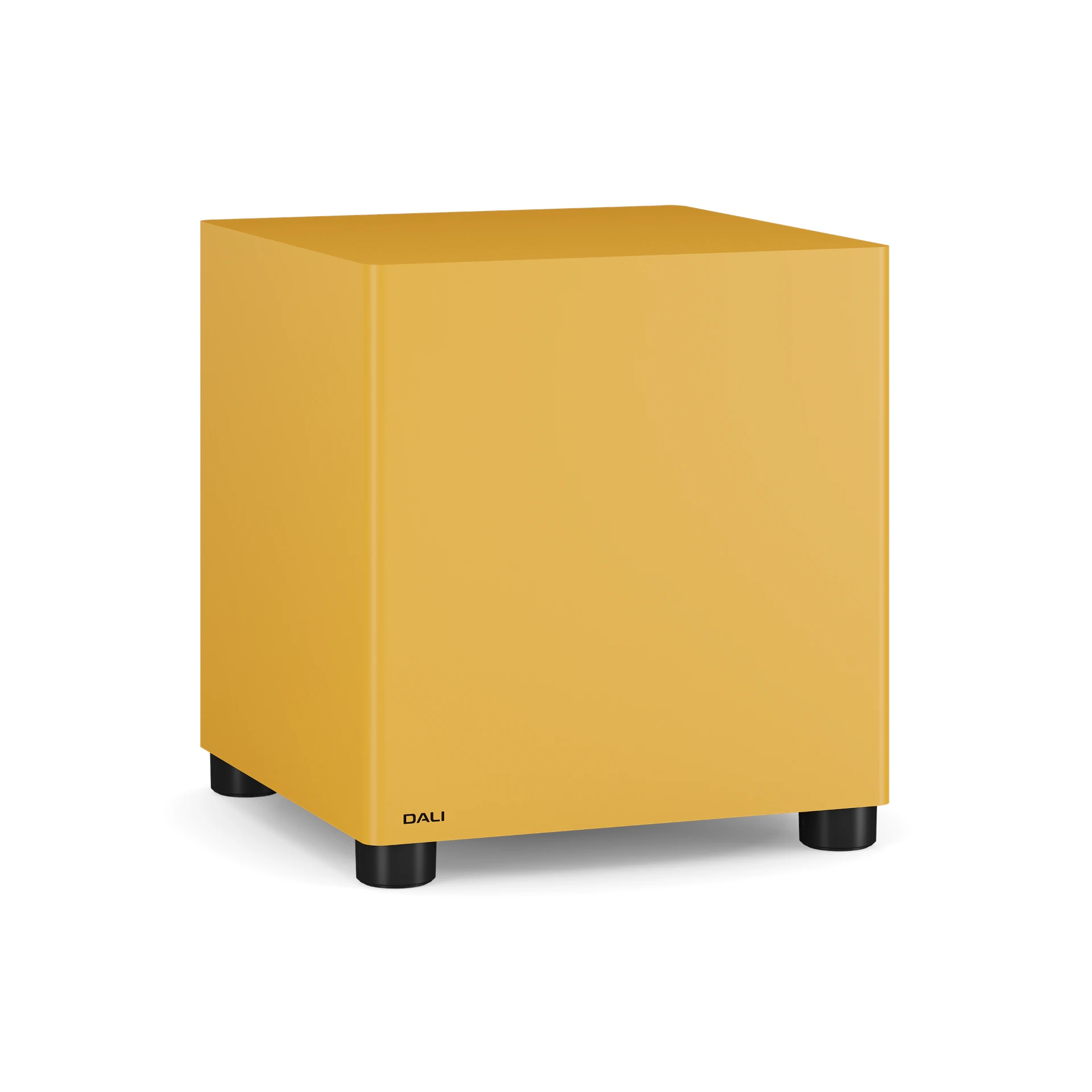 Subwoofer, Lautsprecher, Gelbes Gehäuse, Schwarze Füße, Würfelform