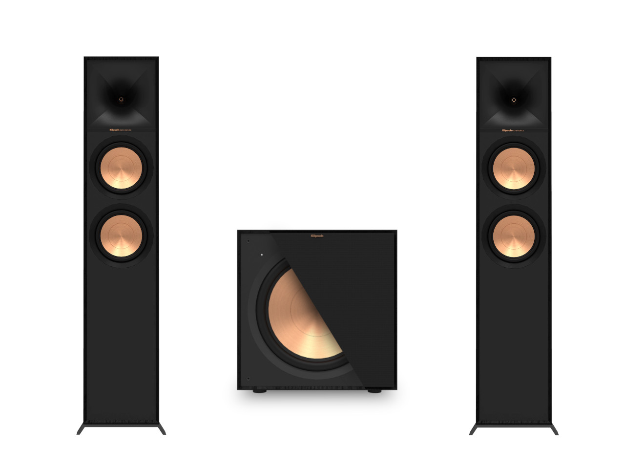 stereo speakers, floorstanding, black cabinet, copper woofer, subwoofer pair