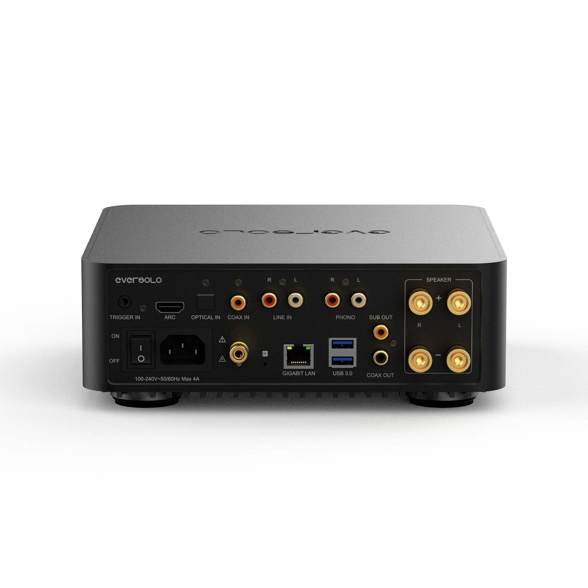 Netzwerk-Player, AV-Receiver, Rückseite, HDMI, USB 3.0, LAN, Coax-Ausgang, Phono, Lautsprecherklemmen, Netzschalter