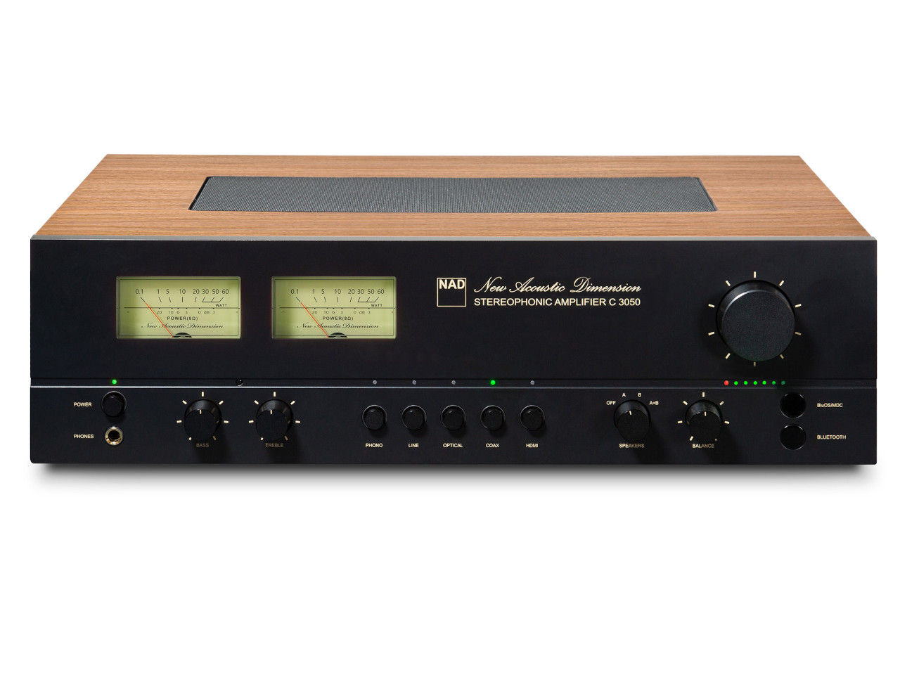 stereophonic Verstärker, Audio Verstärker, Holzoberfläche, schwarze Frontplatte, regler