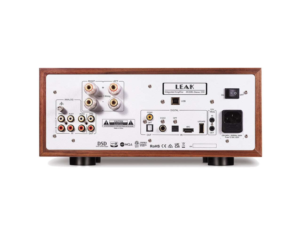 Hi-Fi-Verstärker, Rückseite, RCA-Anschlüsse, Holzgehäuse, Netzschalter