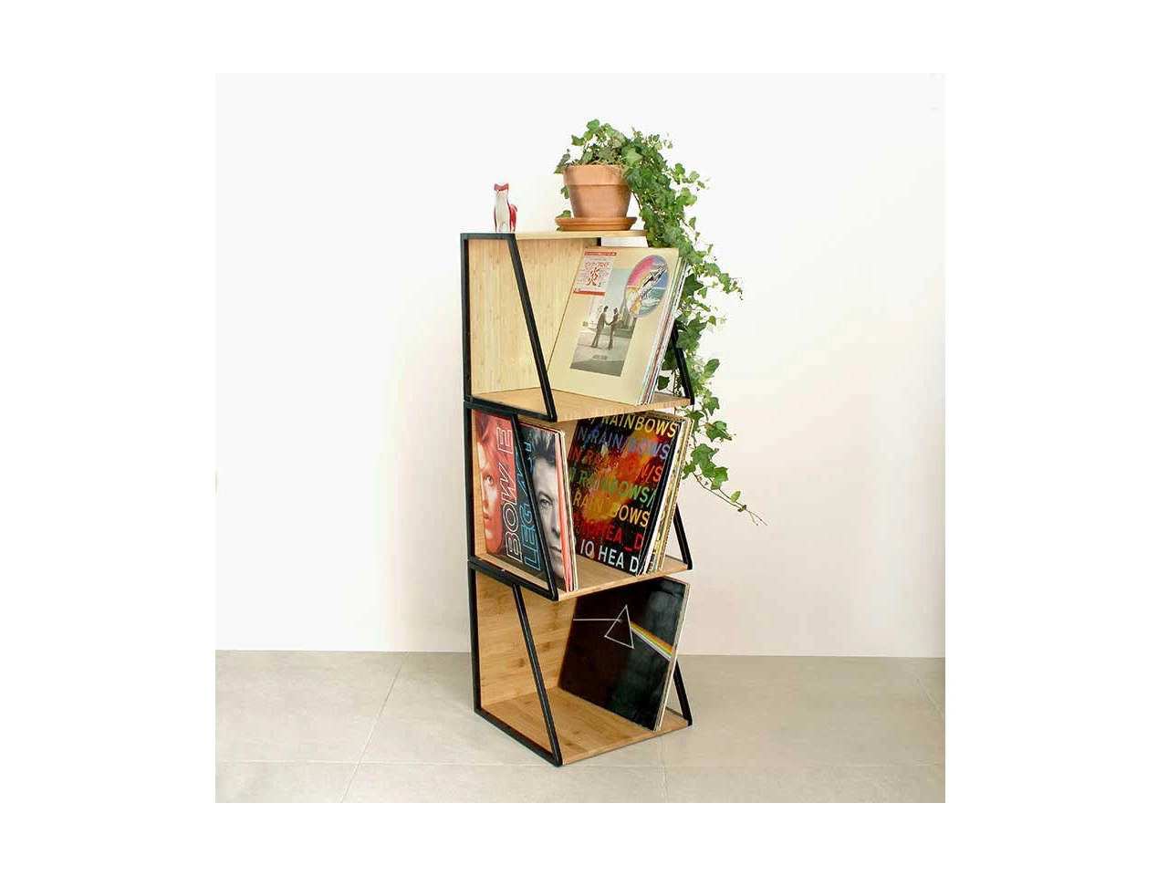 Schallplattenregal, Holz und Metall, Vinyl-Aufbewahrung, freistehend, schräges Design