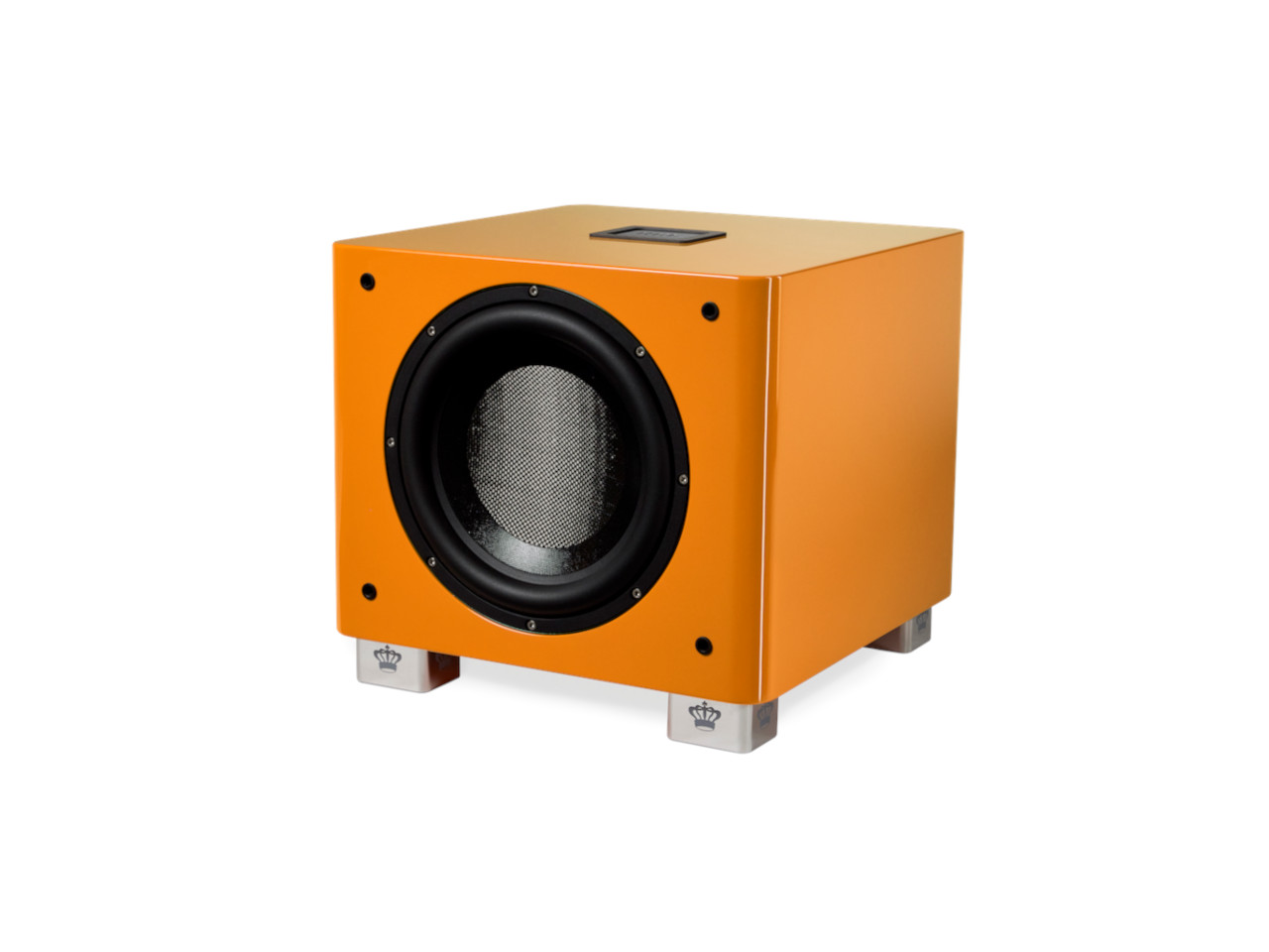 subwoofer, orange cabinet, lautsprecher, woofer, metallgitter