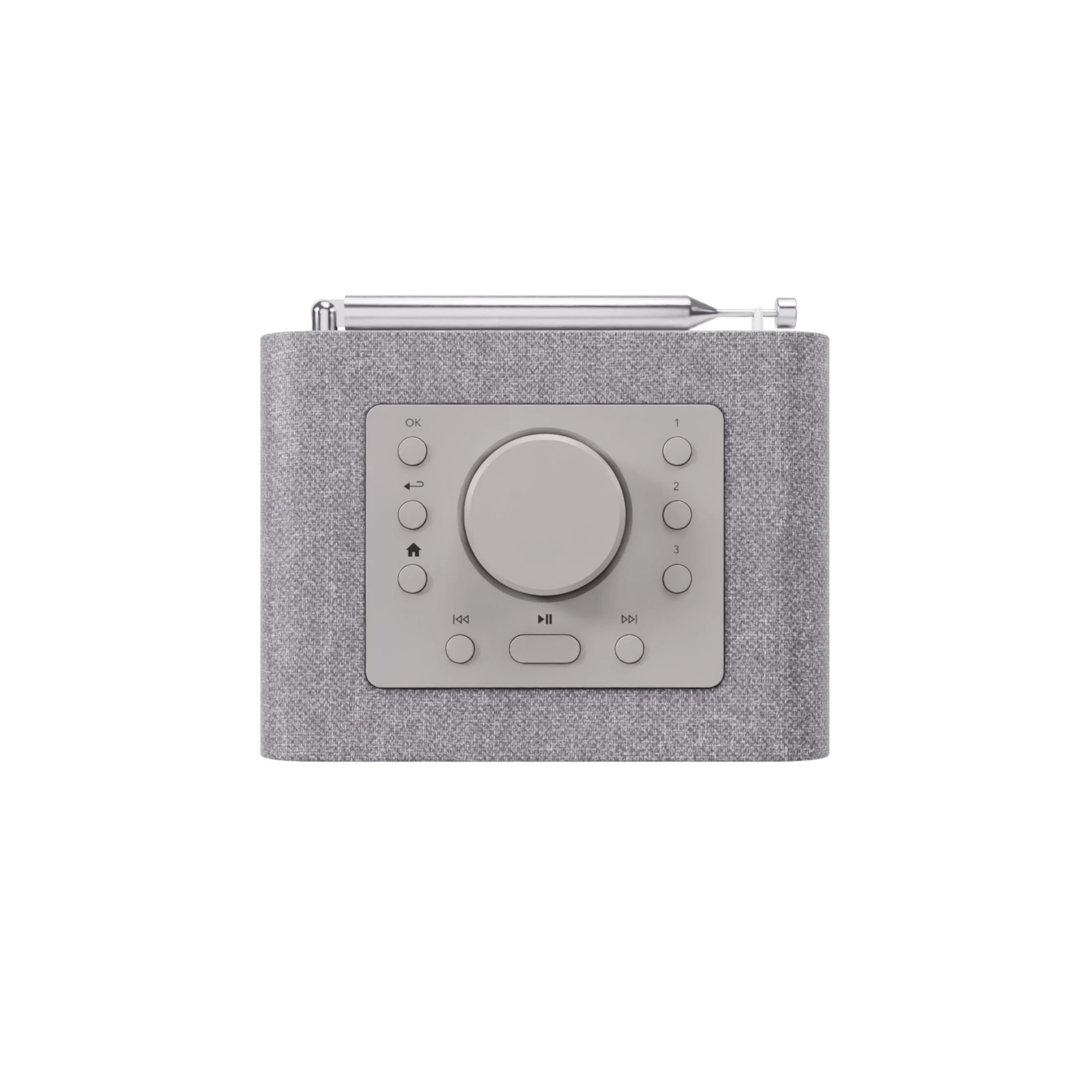 Bluetooth-Lautsprecher, tragbarer Lautsprecher, grau Textil, Bedienfeld, runder Knopf