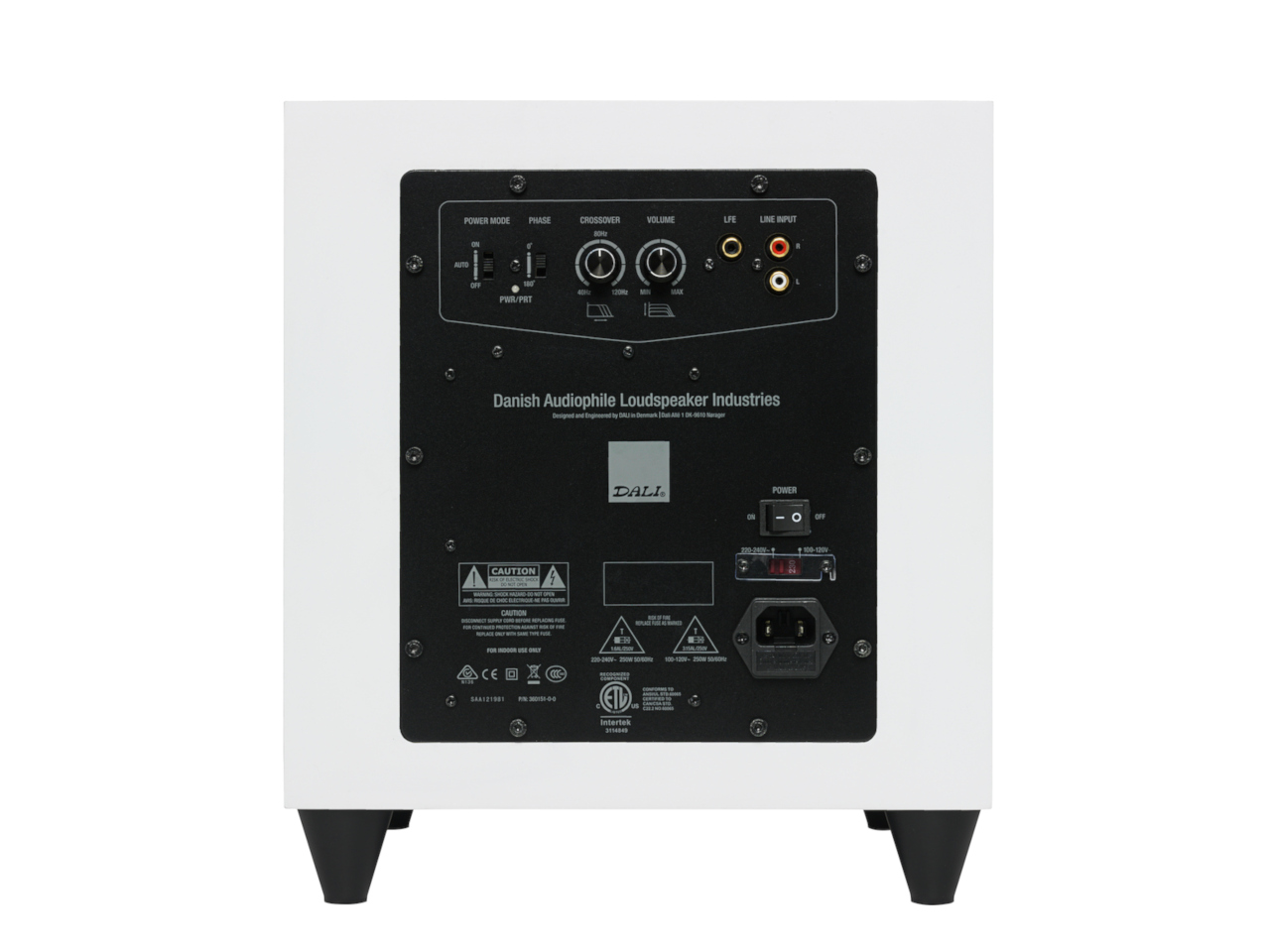 Subwoofer, Rückseite, weißer Korpus, aktangelegte Beine, Anschlüsse