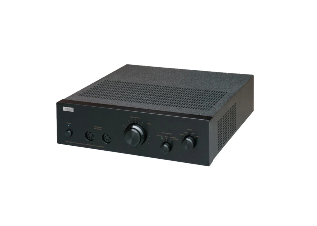 stereo-Verstärker, integrierter Verstärker, schwarzer Metallschrank, Bedienelemente Knöpfe, Vintage Audio