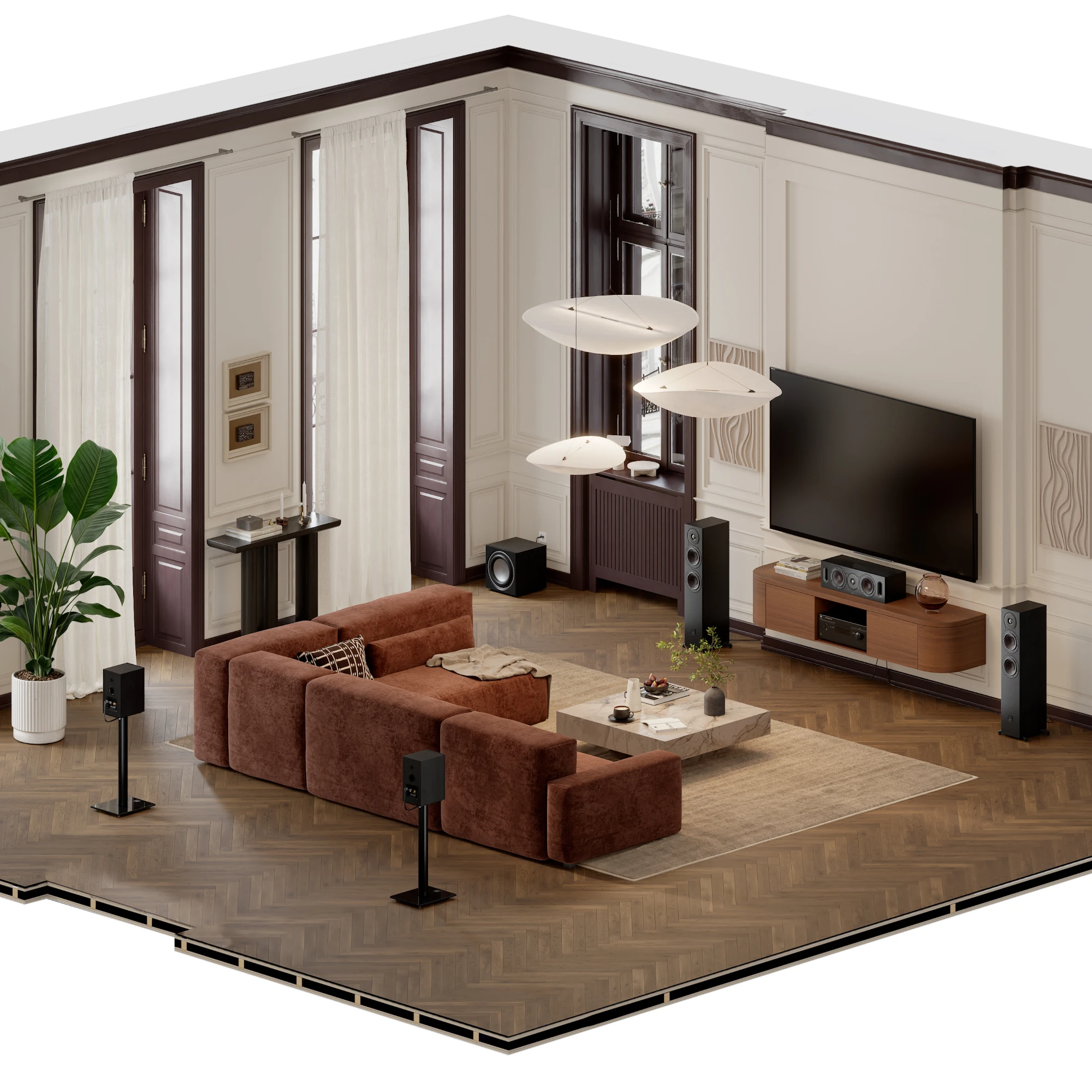 Wohnzimmer, Sesselgruppe, Teppich, Fernseher, Lautsprecher