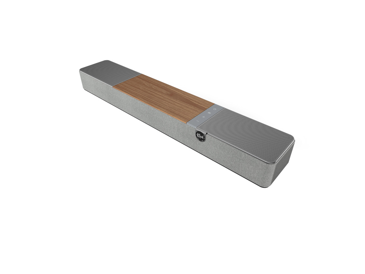 soundbar, drahtlos, holzfarbene streifen, grau Stoff, tasten