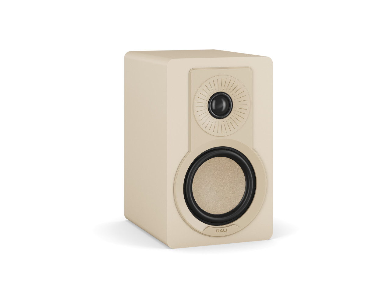stereo speaker, floorstanding speaker, beige color, midrange woofer, tweeter