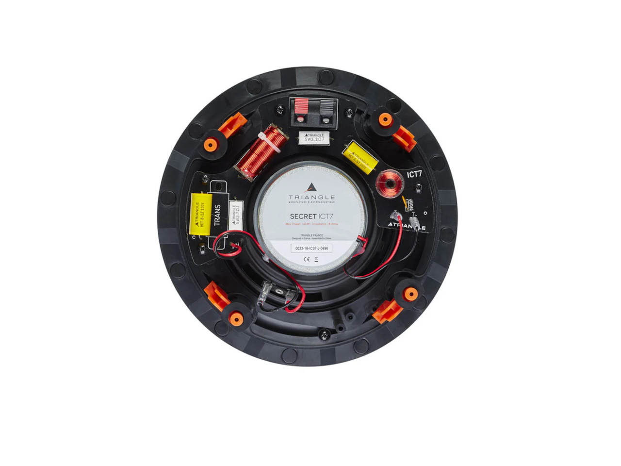 runde Sprechers, Deckenlautsprecher, elektrische Verkabelung, runder Einbau, orangefarbene Befestigungen