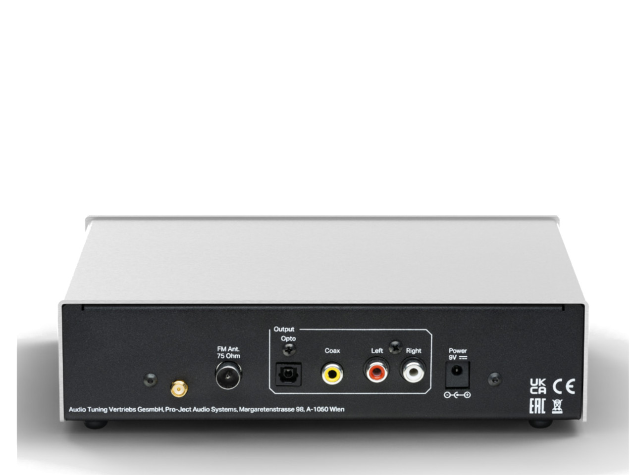 audio amplifier, Rückseite, Koax-Eingang, RCA-Buchsen, 9V Stromversorgung