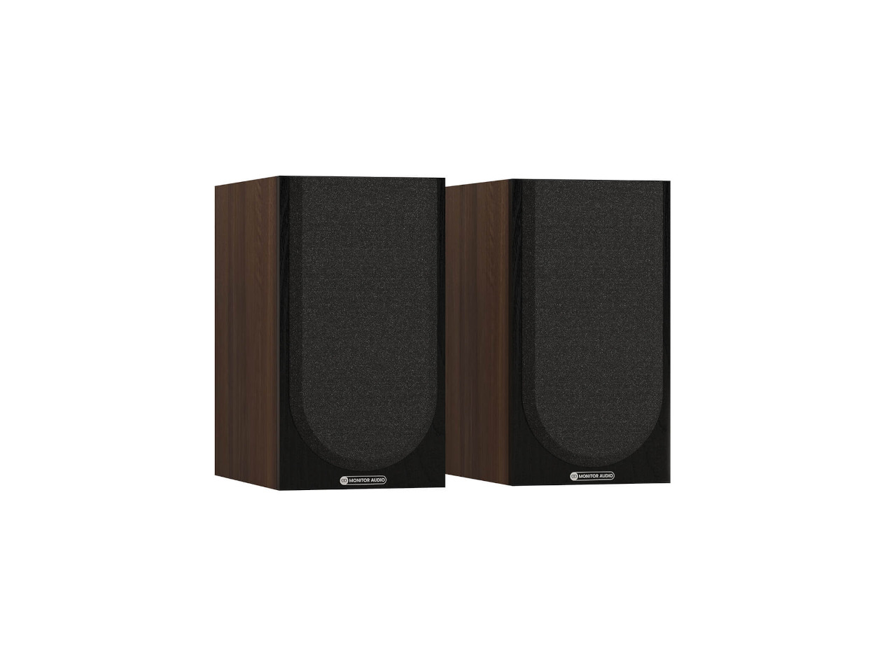 Regallautsprecher, Lautsprecherpaar, dunkles Holz, schwarze Stoffbespannung, Hi-Fi-Lautsprecher