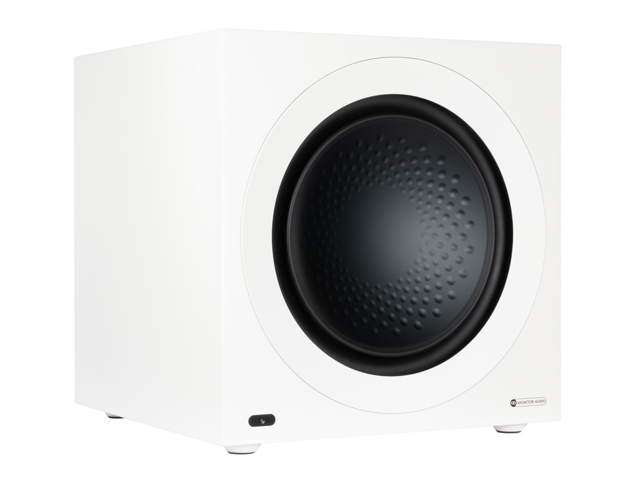 Subwoofer, weißes Gehäuse, schwarzer Lautsprecher, rundes Chassis, HiFi-Lautsprecher