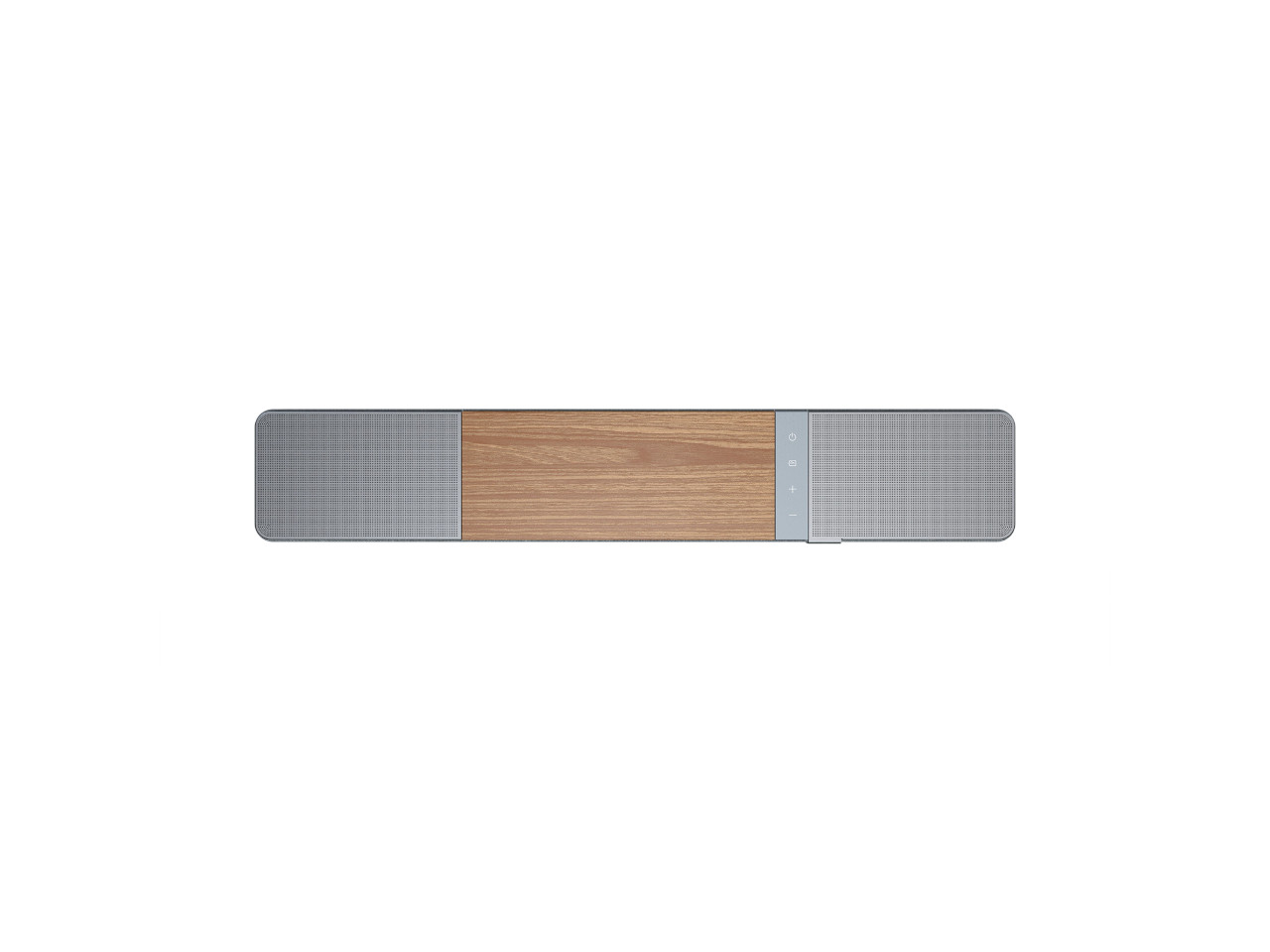 Soundbar, Holzverkleidung, grau Stoff, Bedienelemente, kabelloser Lautsprecher