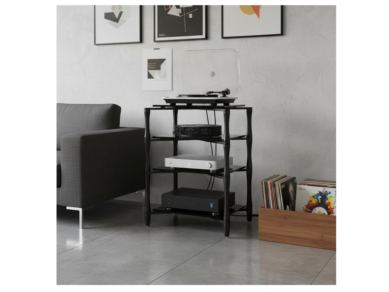 HiFi-Rack, Audio-Möbel, mehrere Ablagen, schwarzes Metall, Komponentenregal