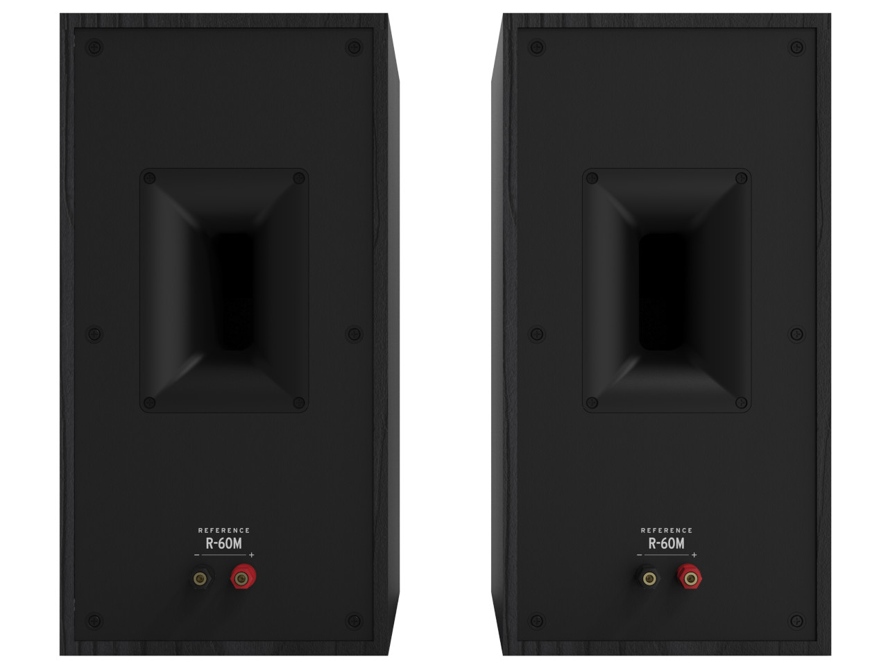 passive Speaker, Rückseite, R-60M Beschriftung, Anschlussklemmen, schwarzes Holzgehäuse