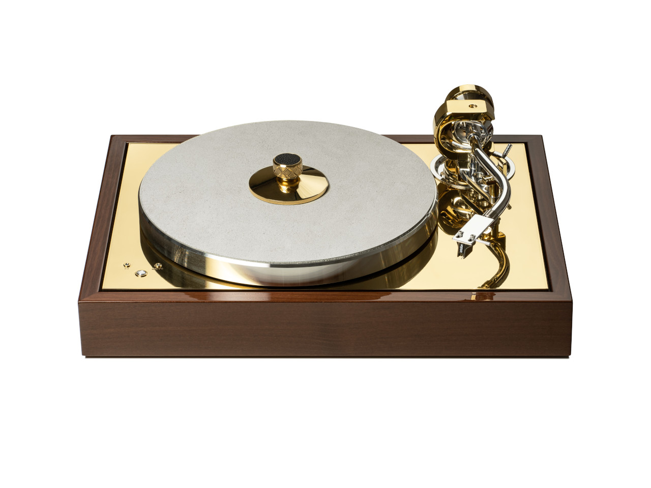 turntable, vinyl, record player, gold accents, wood base