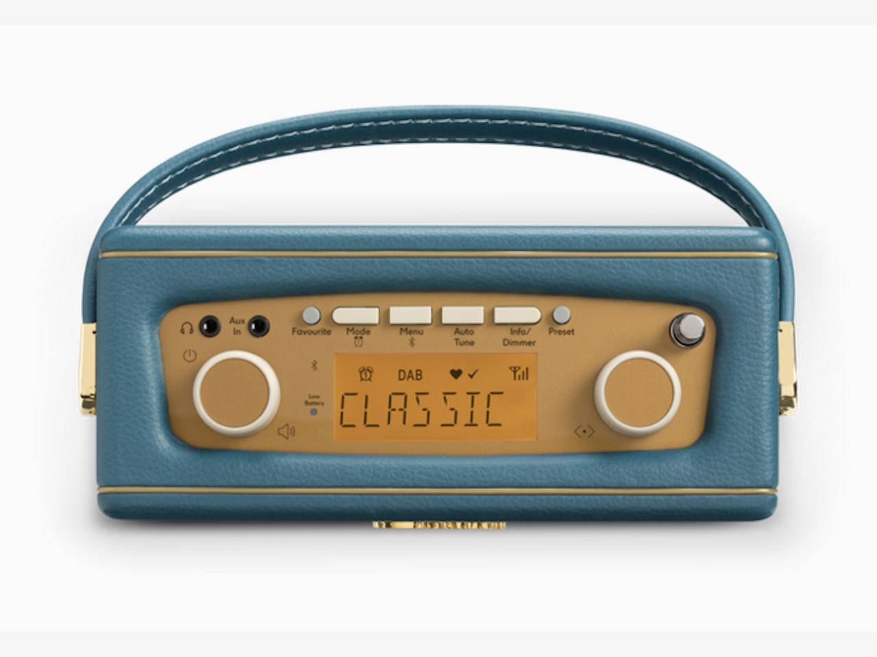 Bluetooth-Lautsprecher, Tragbares Radio, Blauer Gehäuse, Goldene Bedienelemente, DAB-Empfänger