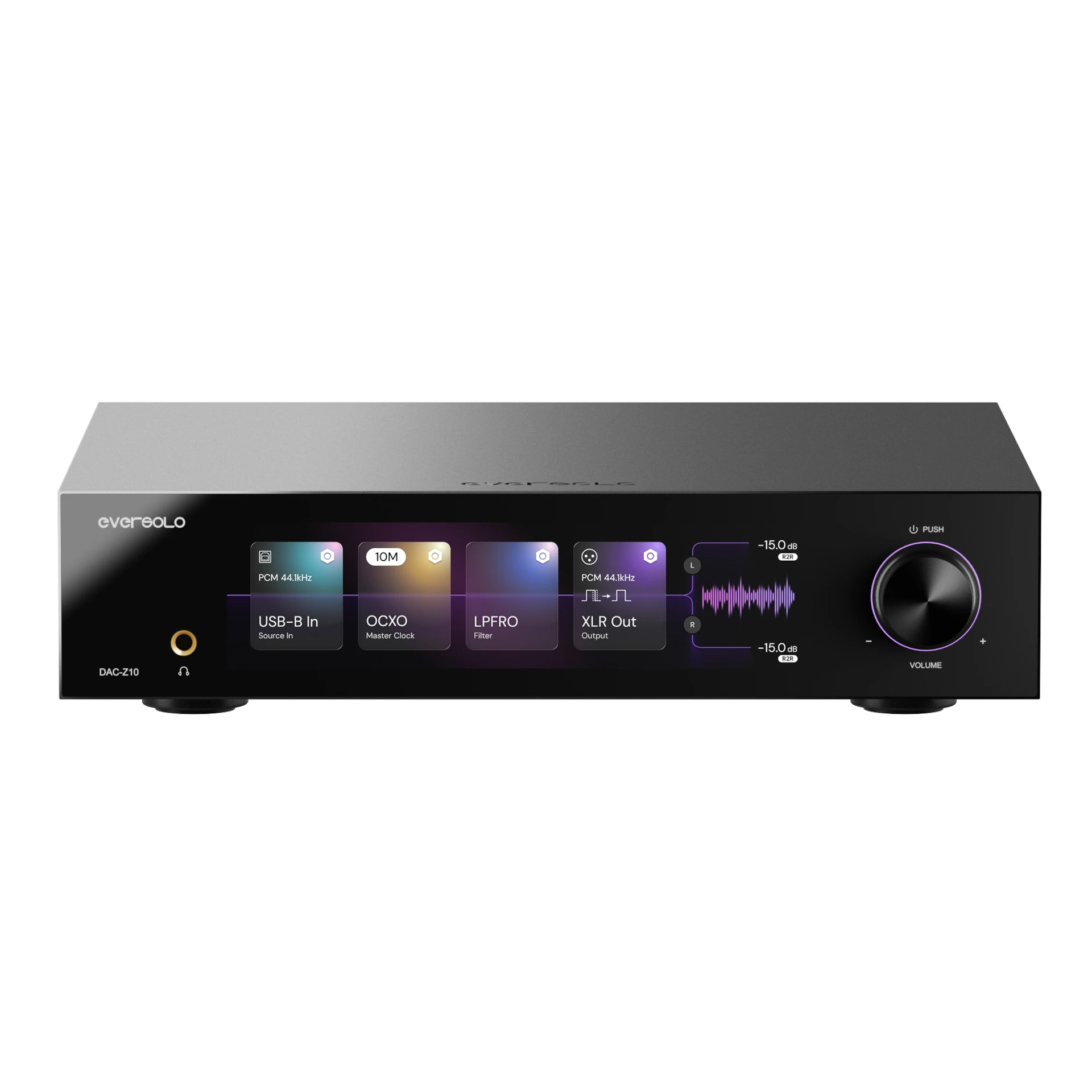 DAC, USB-B In, XLR Out, Master Clock, Volume knob