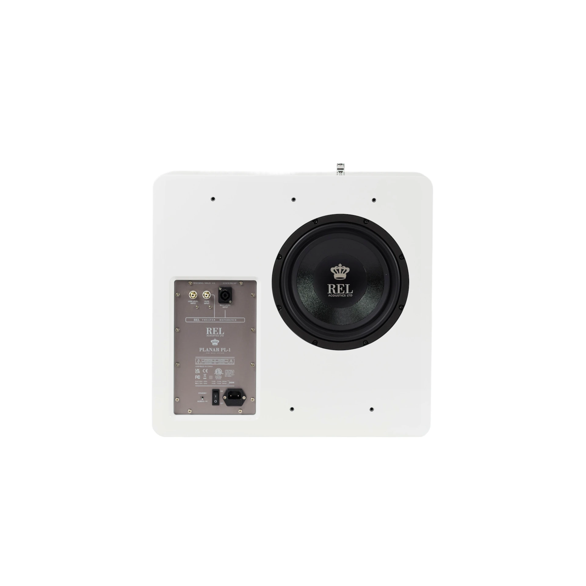 subwoofer, studio monitor, weißes panel, schwarze konus, rückseitige platine
