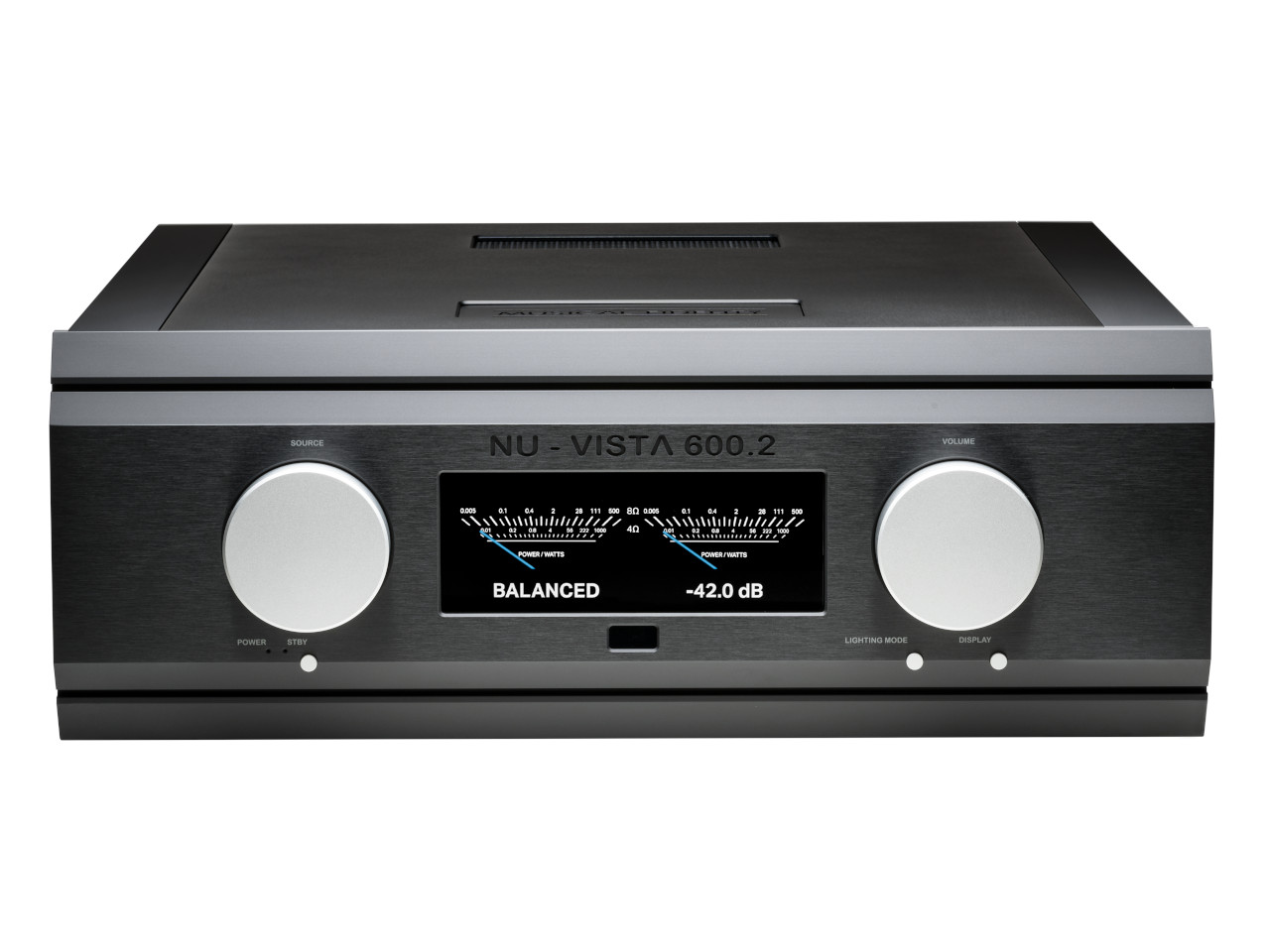 hifi, stereo amplifier, nu-vista 600.2, black aluminum, knobs