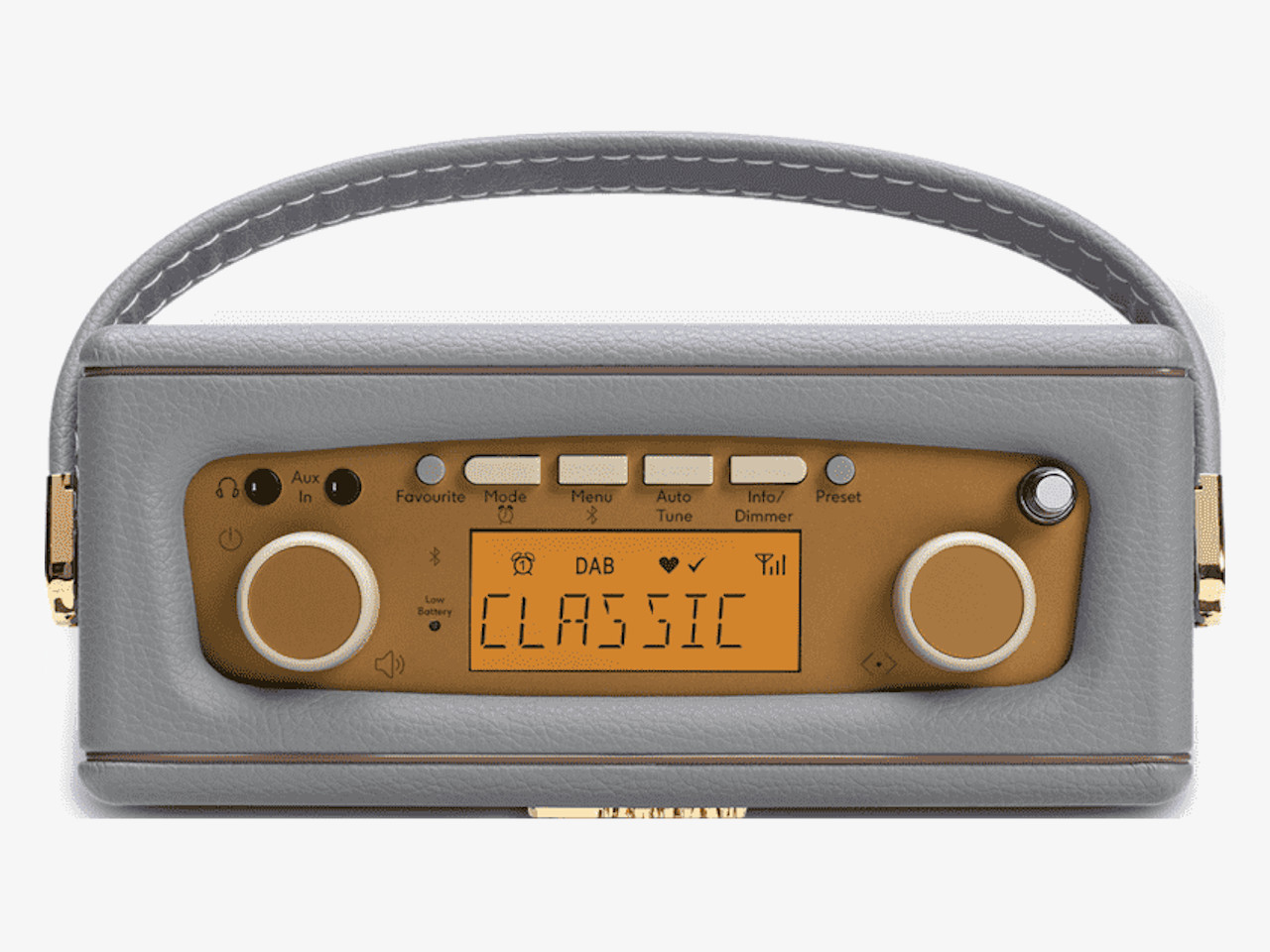 Radio, Tragbarer Lautsprecher, DAB-Radio, Lederoptik Griff, Grau mit Goldakzenten