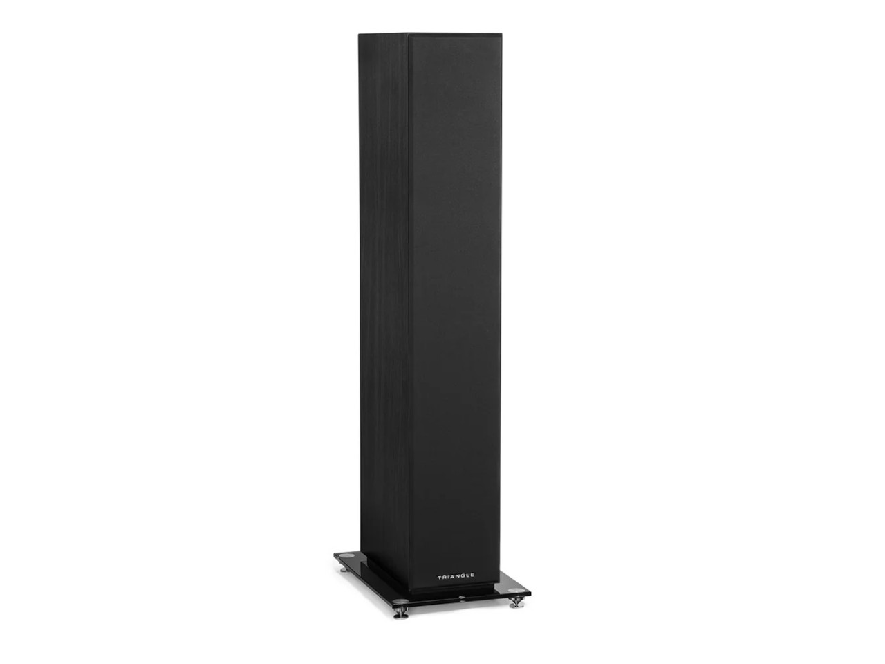 tall speaker, floor-standing, black finish, wood veneer, silver feet