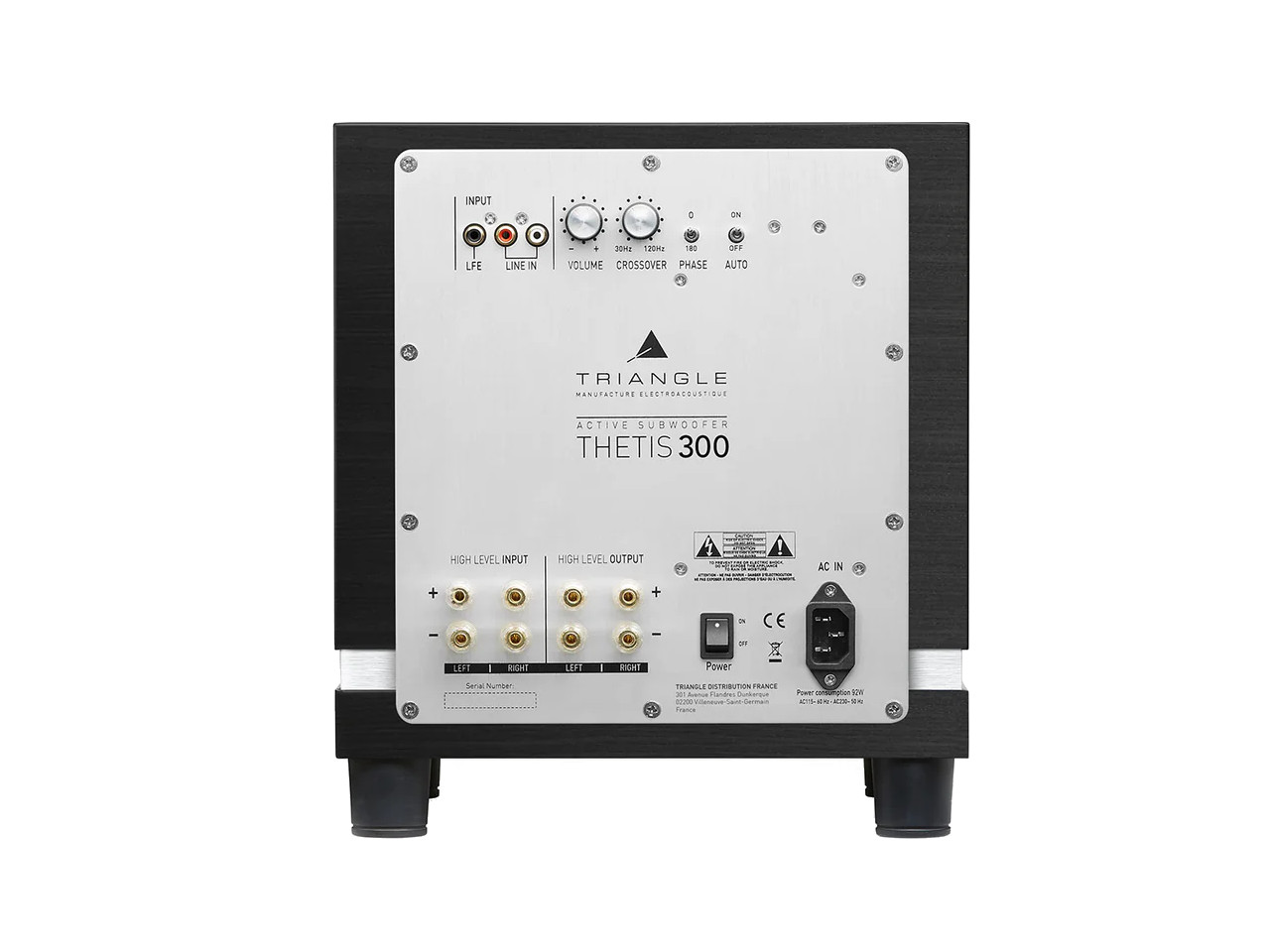 subwoofer, aktiver subwoofer, rückseite, silberplatte, audio stecker