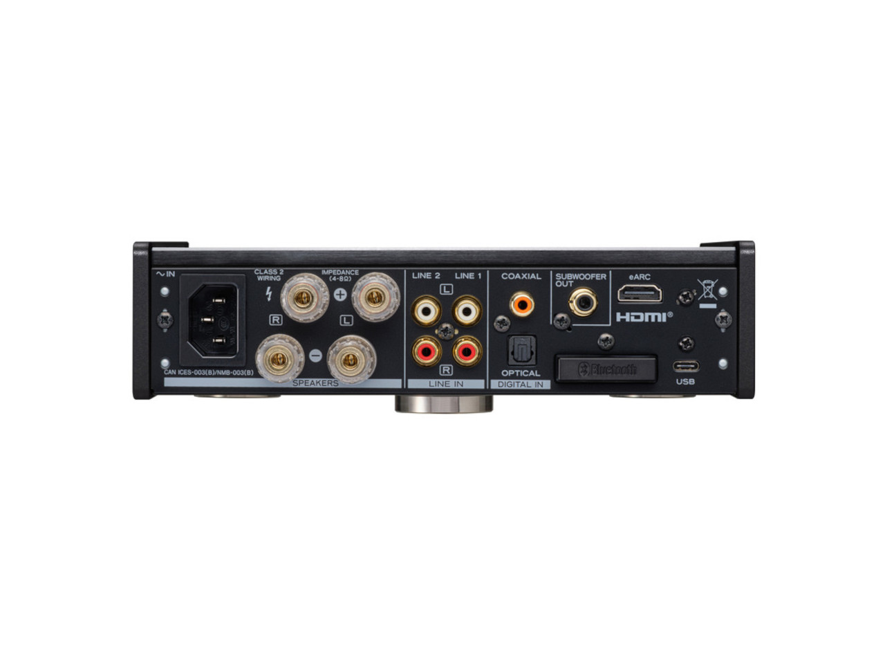Verstärker Rückseite, Audio-Interface, RCA-Anschlüsse, HDMI, USB-C