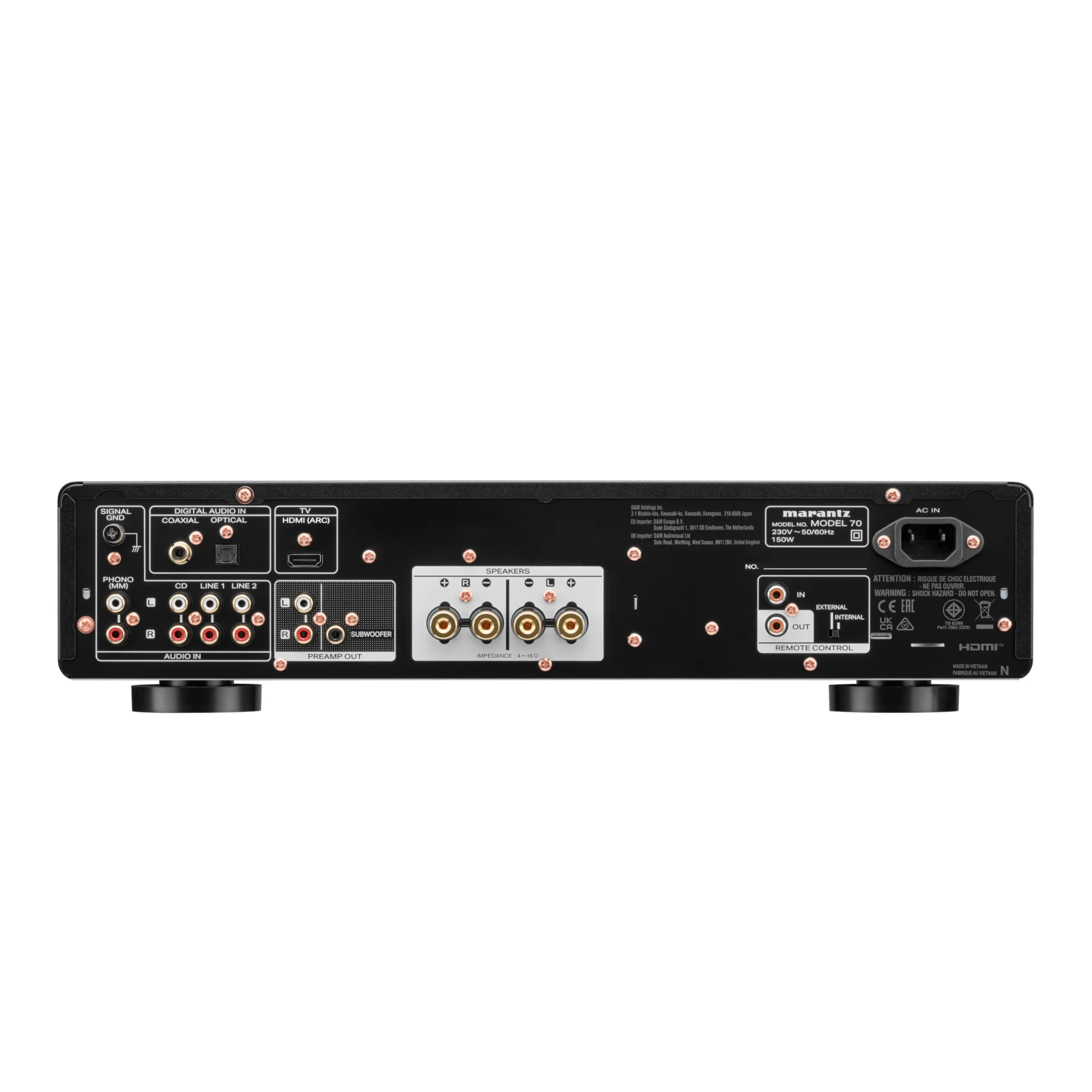 AV-Receiver, schwarz, HDMI-Anschluss, Lautsprecheranschlüsse, Audioeingänge