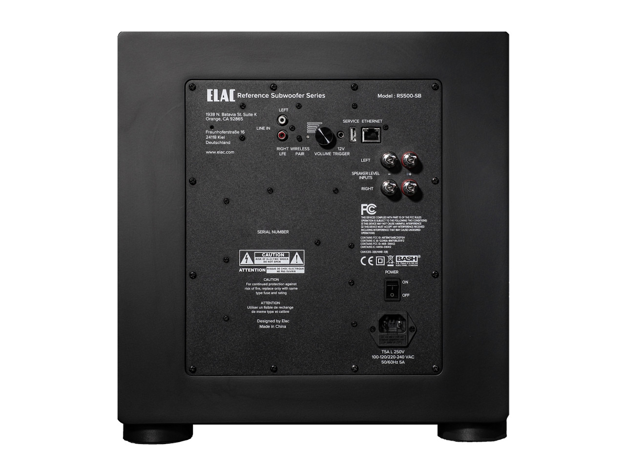 Subwoofer, ELAC, Rückseite, schwarner Lautsprecher, Netzanschluss
