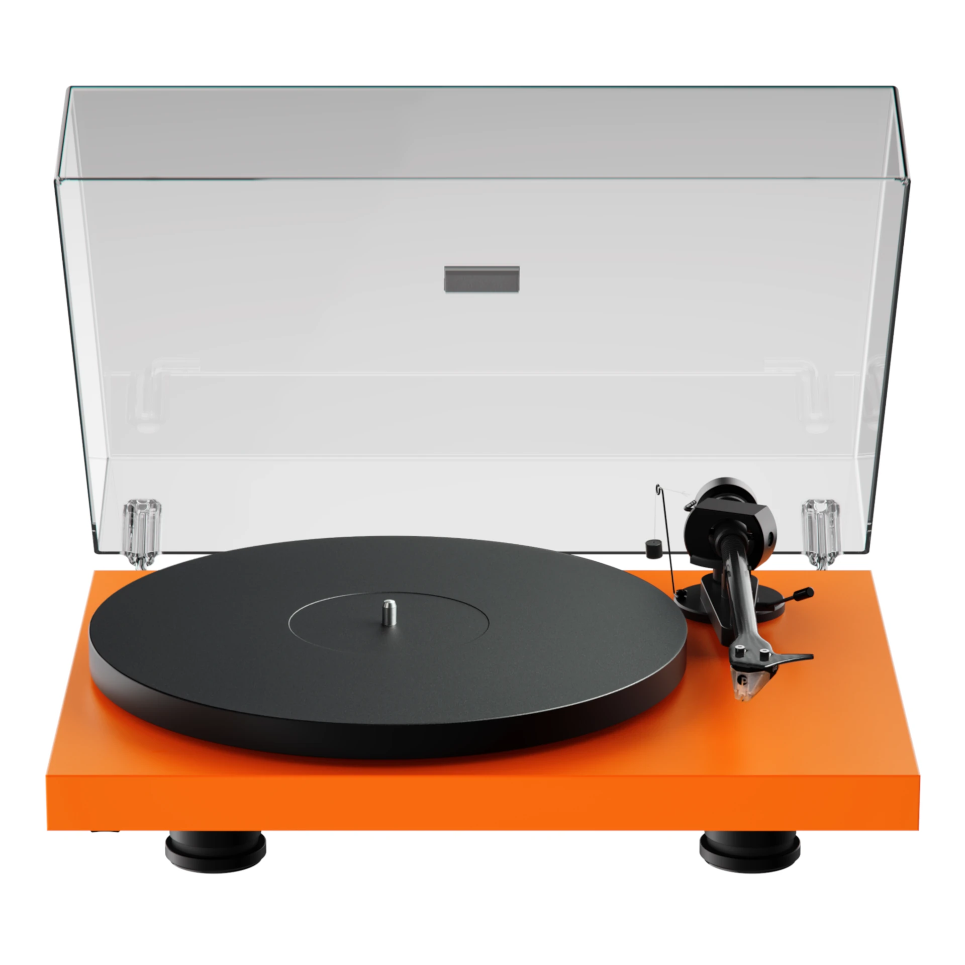 Plattenspieler, orange Gehäuse, schwarzer Plattenteller, transparente Abdeckung, Tonarm