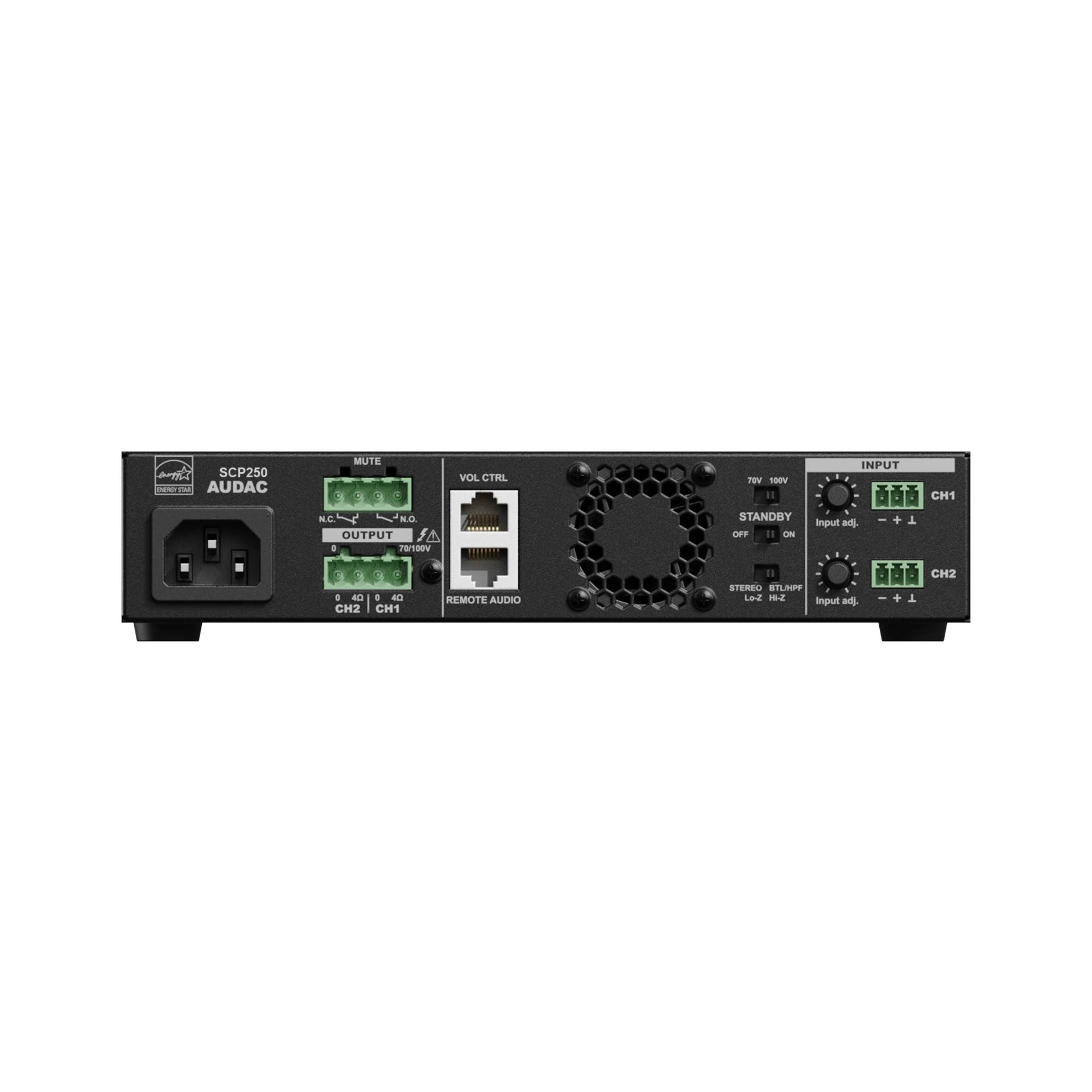 Audio-Verstärker, Rückseite, Klemmenanschlüsse, Netzeingang, Belüftungs-Gitter