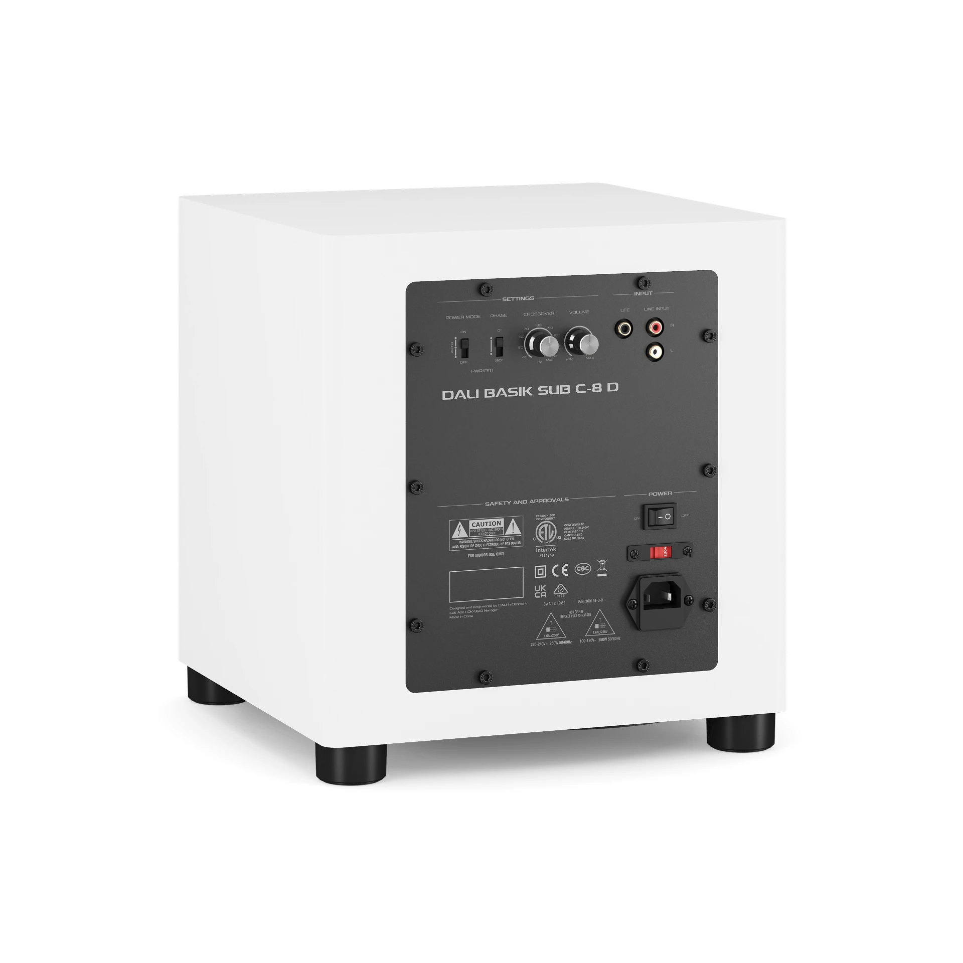 Subwoofer, Rückseite, weißes Gehäuse, schwarze Bedieneinheit, Stereobuchsen
